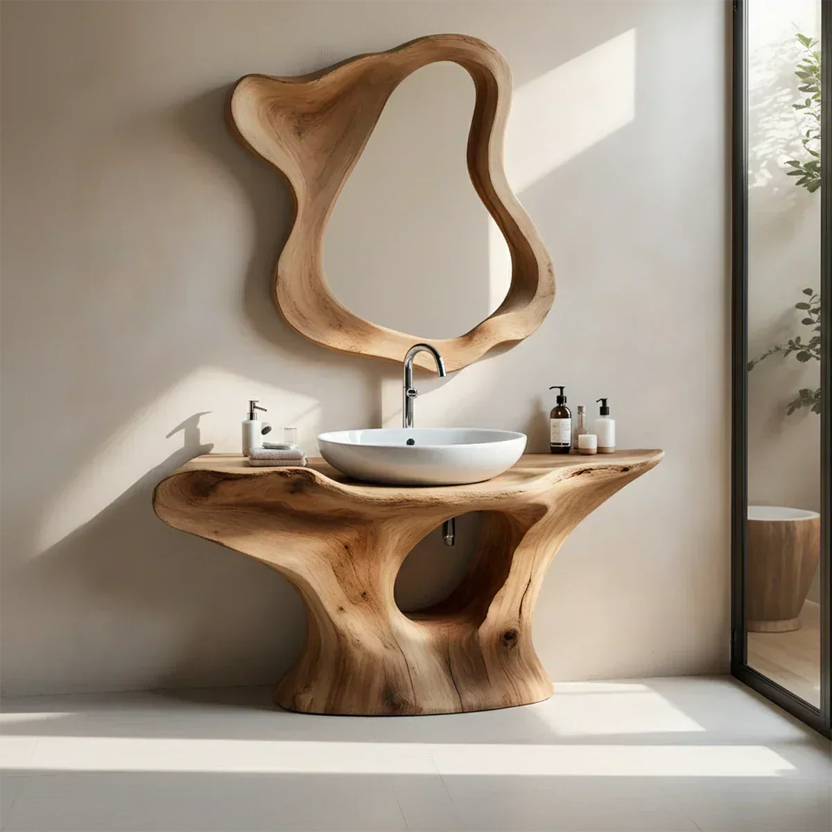 Flow Bathroom Vanity – Natural Solid Wood Sculptural Sink Console - Rustiracraft