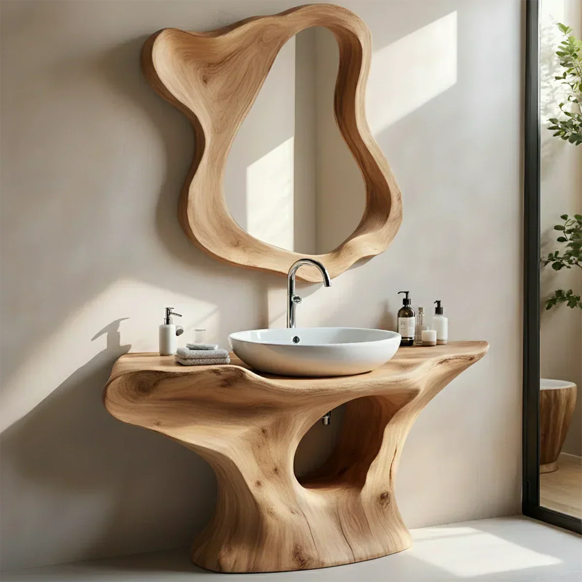 Flow Bathroom Vanity – Natural Solid Wood Sculptural Sink Console - Rustiracraft