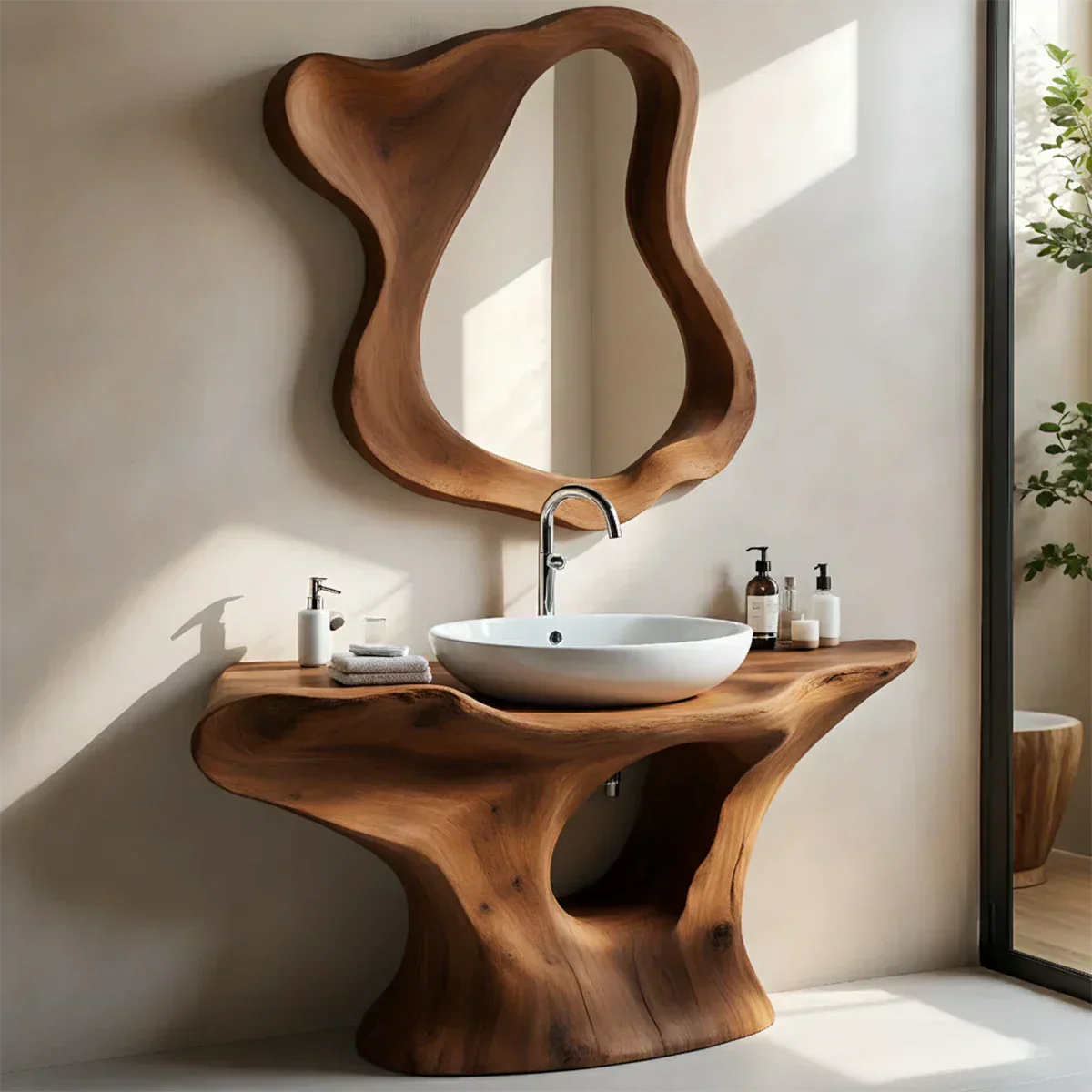 Flow Bathroom Vanity – Natural Solid Wood Sculptural Sink Console - Rustiracraft