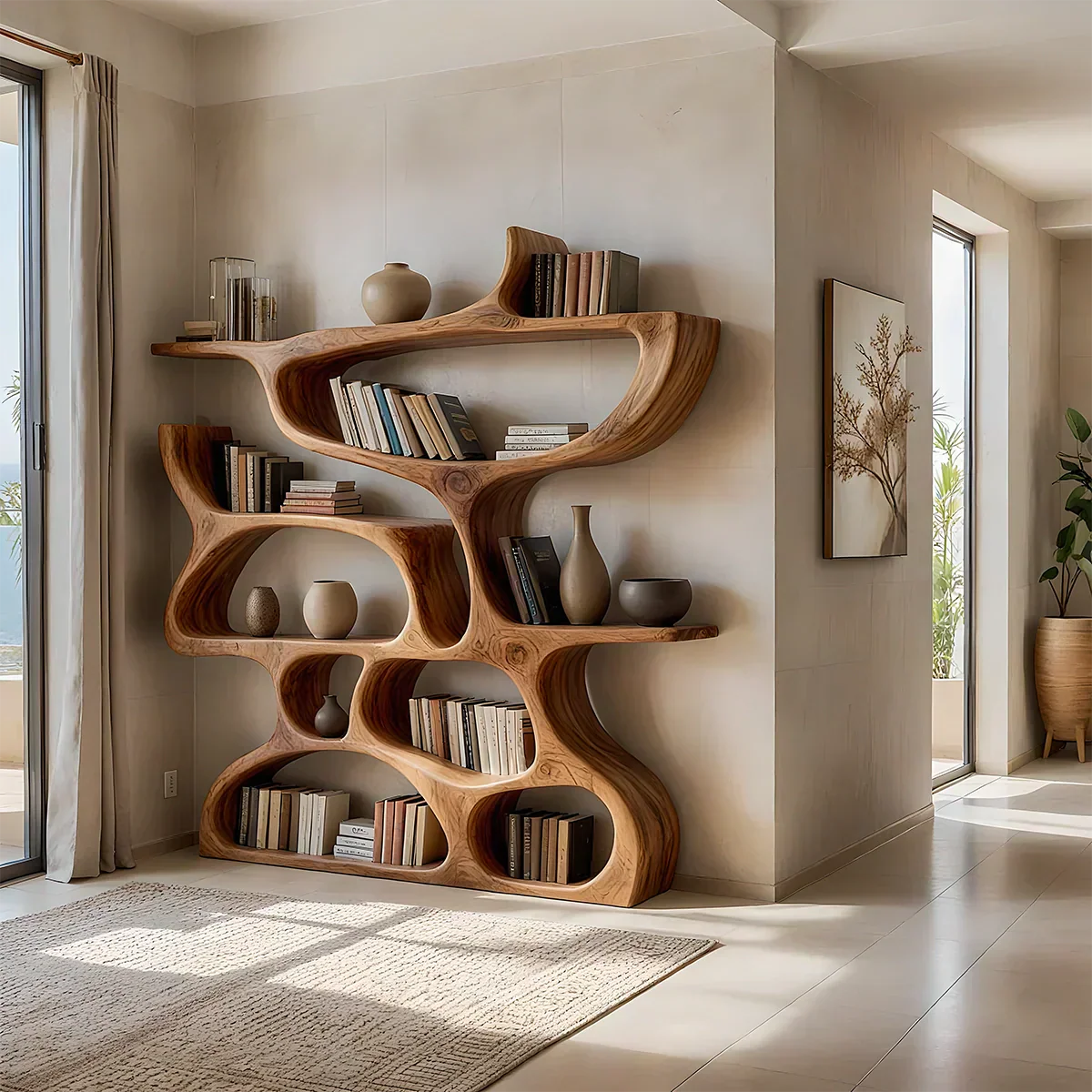 Flow Solid Wood Bookshelf – Sculpted Form Edition - Rustiracraft