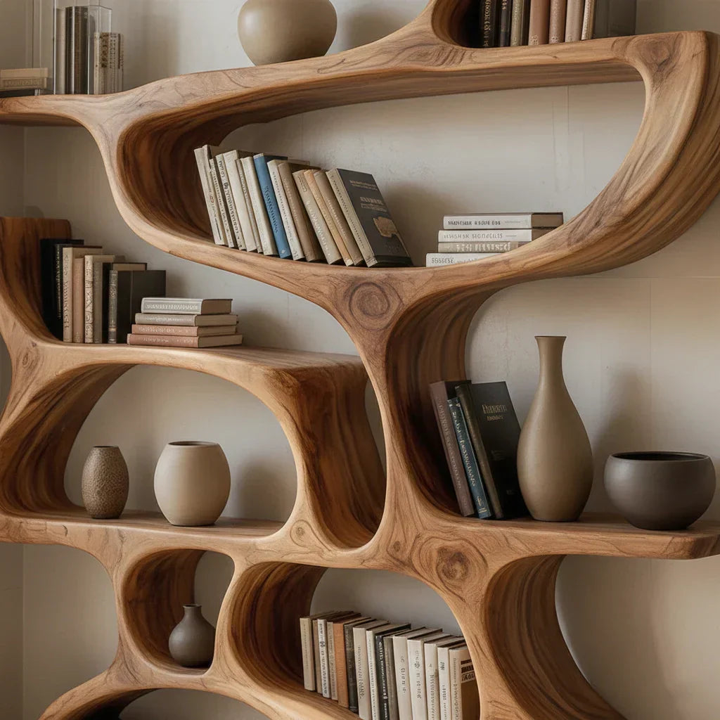 Flow Solid Wood Bookshelf – Sculpted Form Edition - Rustiracraft