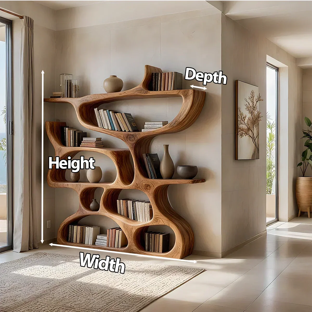 Flow Solid Wood Bookshelf – Sculpted Form Edition - Rustiracraft