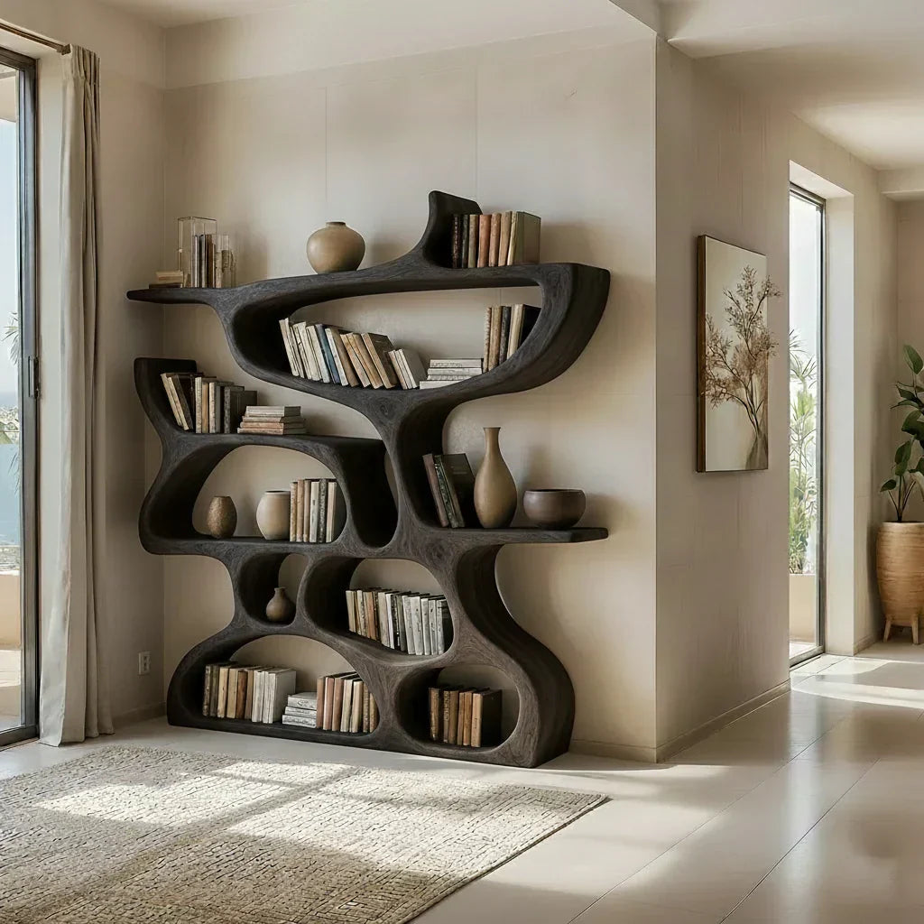 Flow Solid Wood Bookshelf – Sculpted Form Edition - Rustiracraft