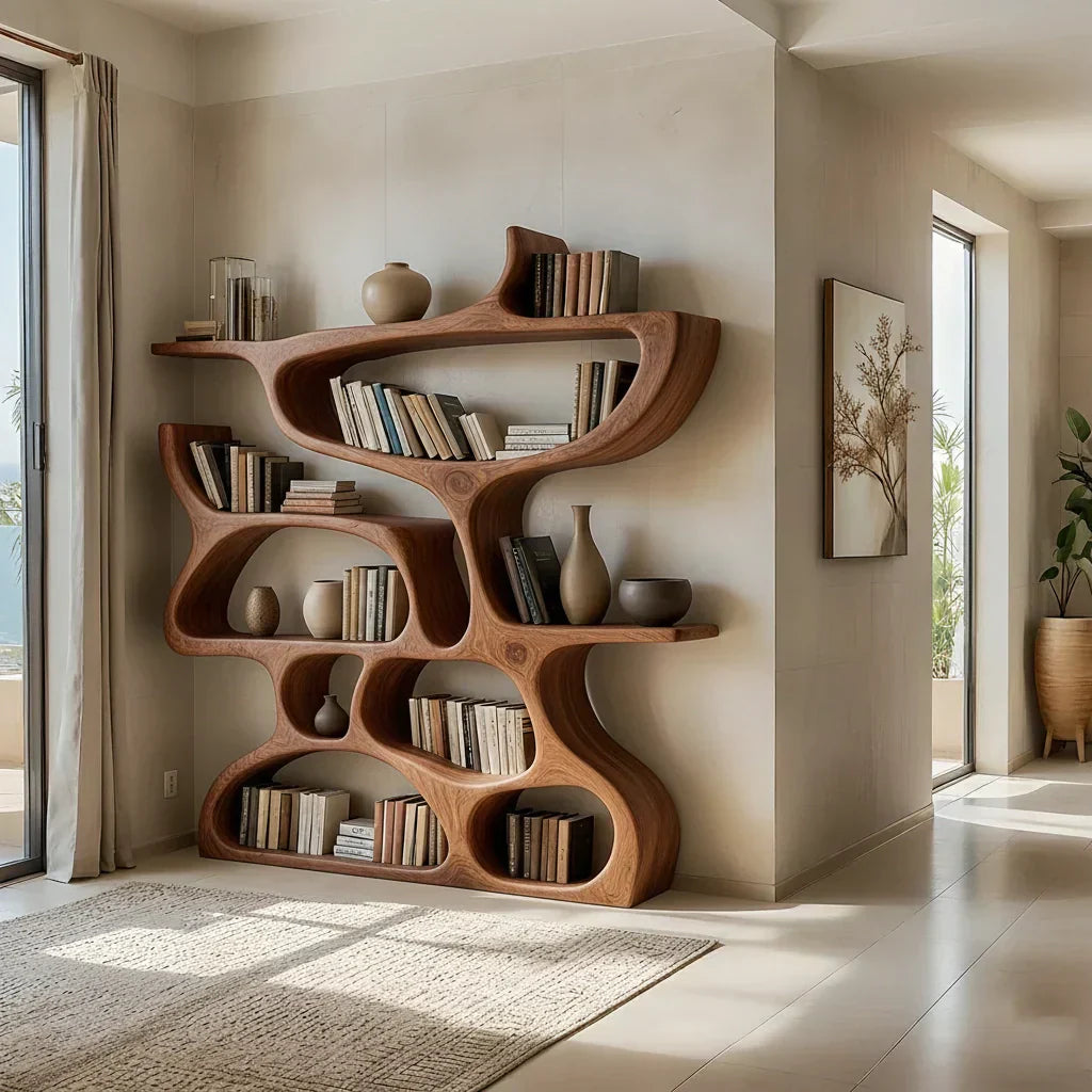 Flow Solid Wood Bookshelf – Sculpted Form Edition - Rustiracraft