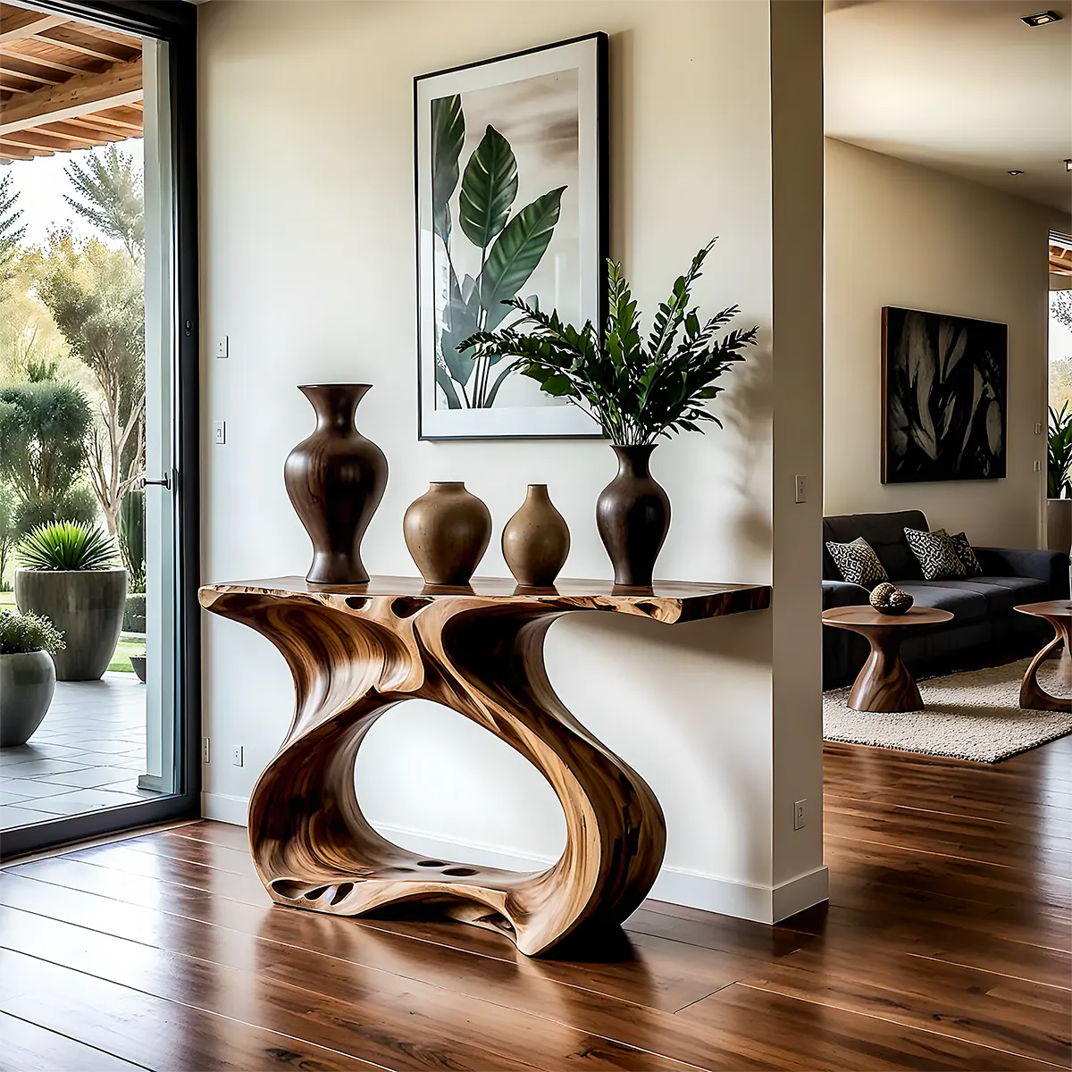 Flowing Walnut Console Table – Artistic Double Form Design - Rustiracraft