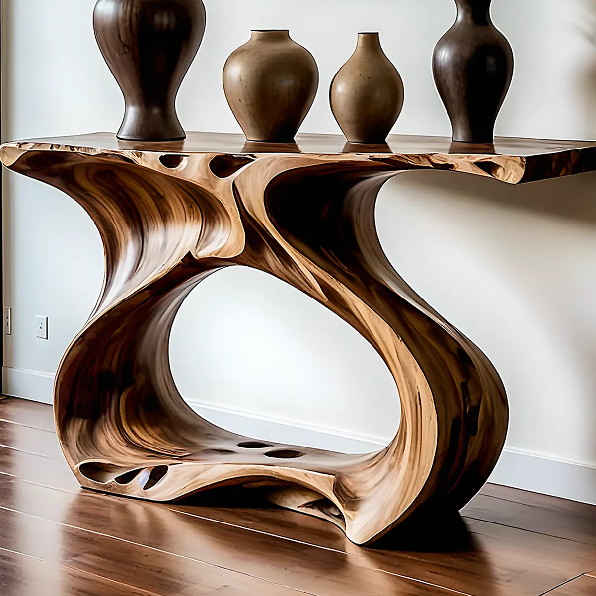 Flowing Walnut Console Table – Artistic Double Form Design - Rustiracraft