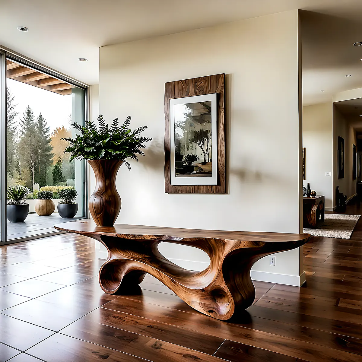 Fluid Twist Walnut Console Table – Modern Sculptural Wood - Rustiracraft