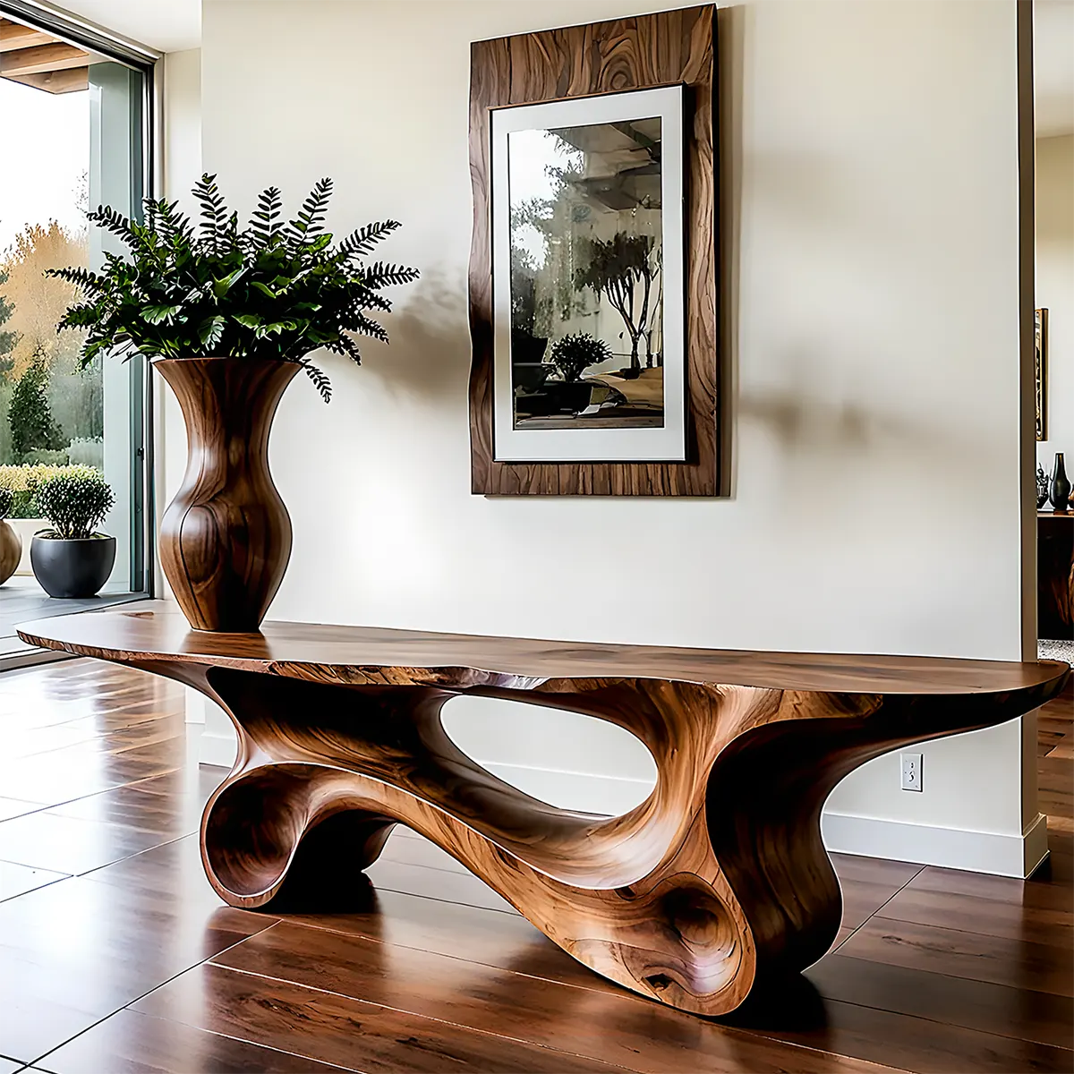 Fluid Twist Walnut Console Table – Modern Sculptural Wood - Rustiracraft