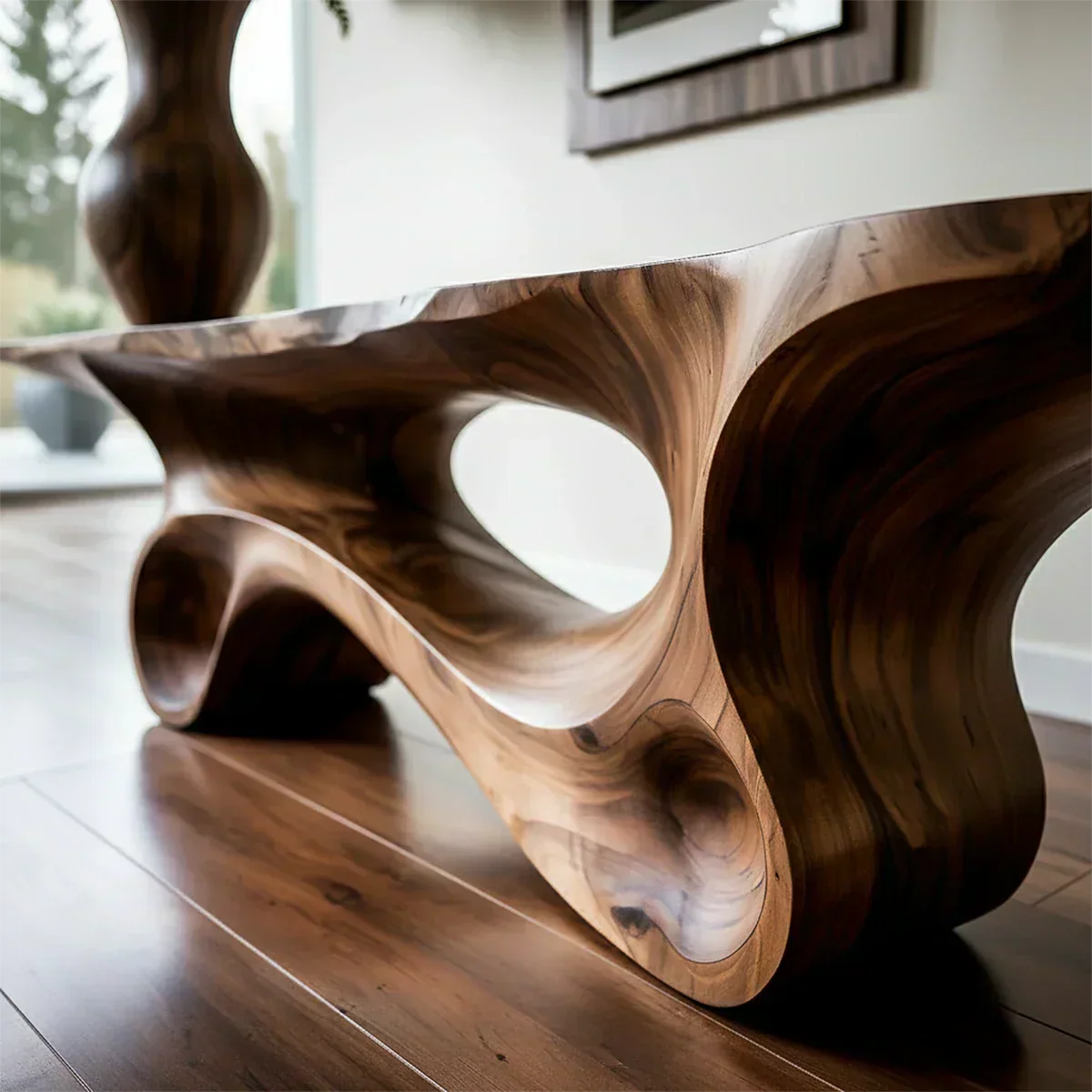 Fluid Twist Walnut Finish Console Table – Modern Sculptural Wood - Rustiracraft