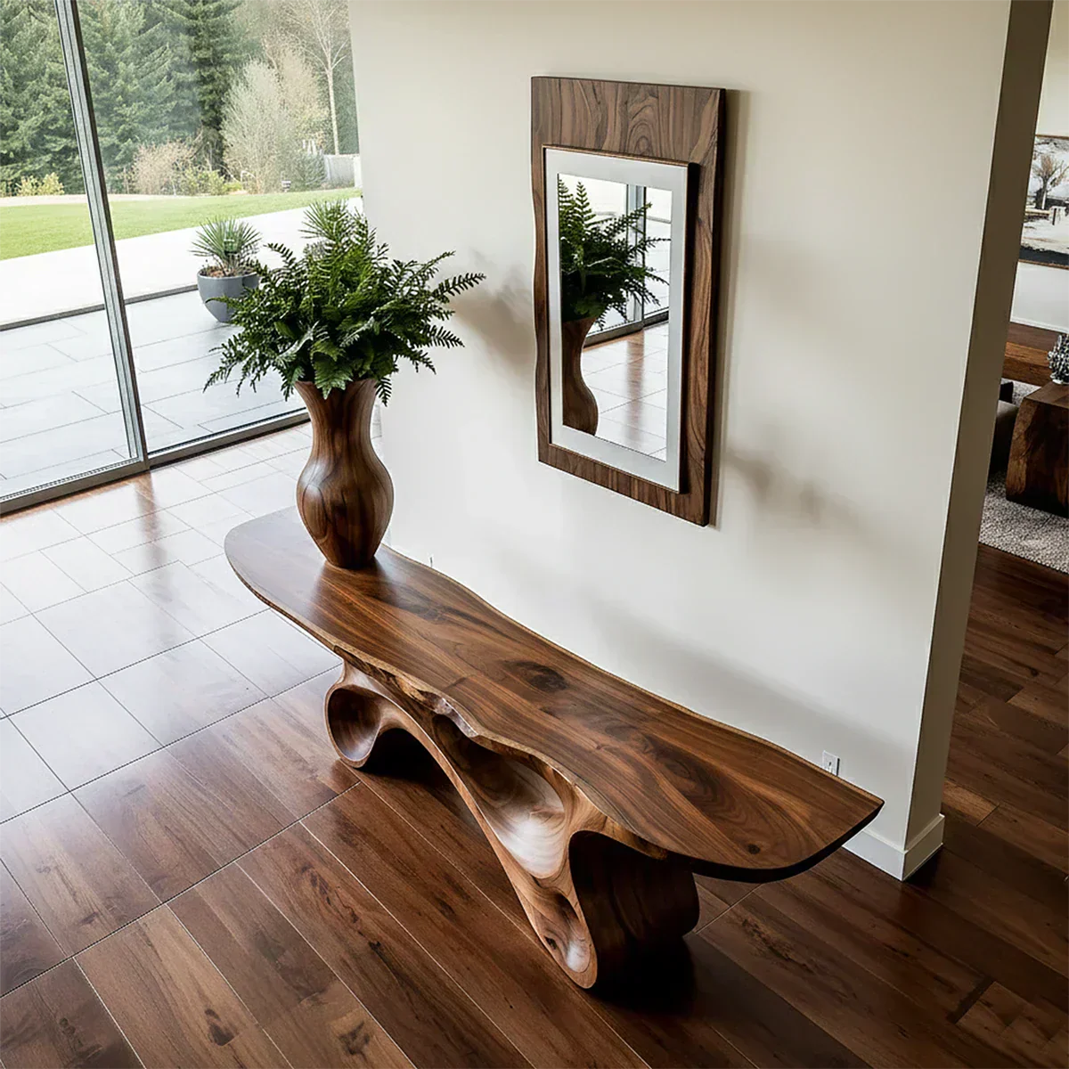 Fluid Twist Walnut Finish Console Table – Modern Sculptural Wood - Rustiracraft