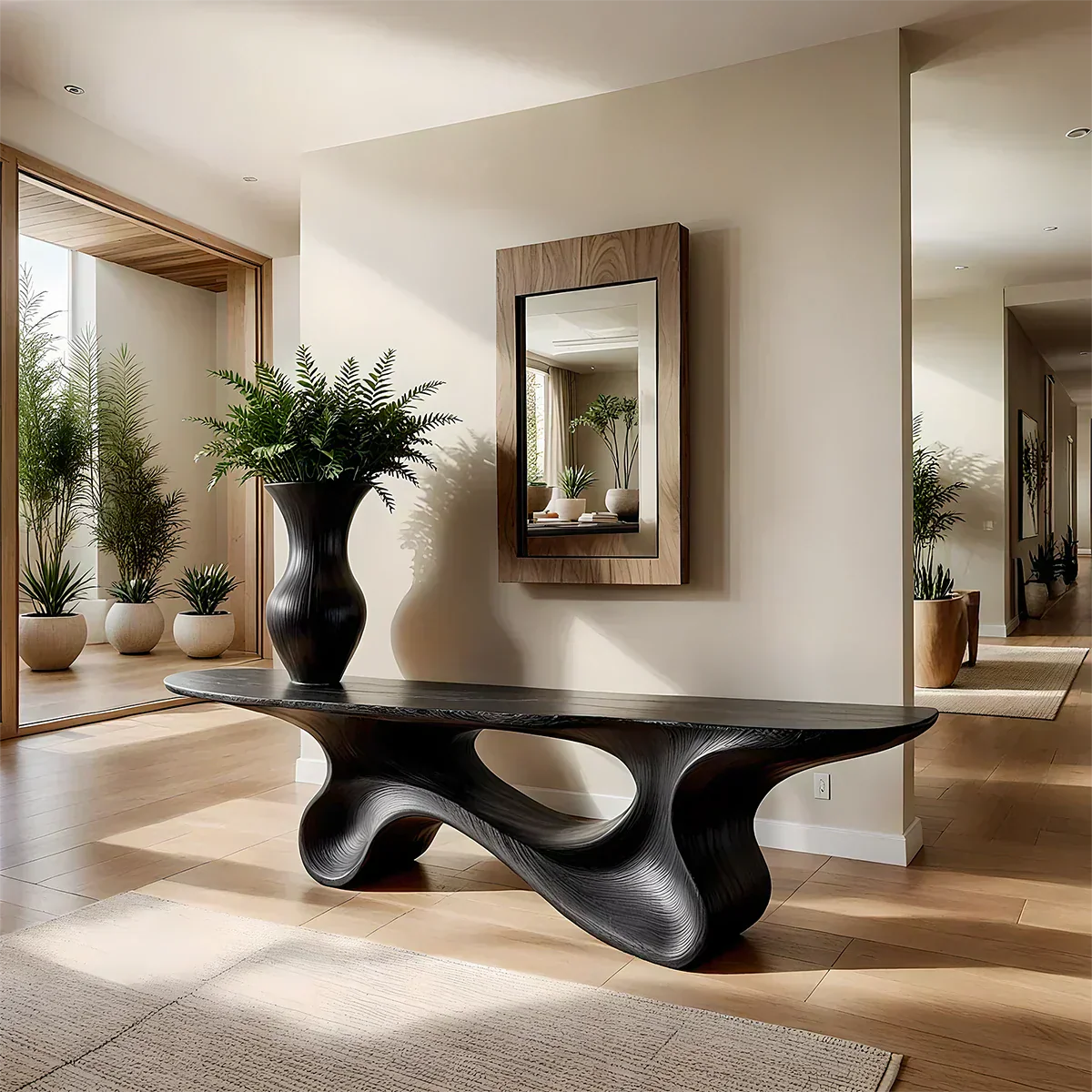 Fluid Twist Walnut Finish Console Table – Modern Sculptural Wood - Rustiracraft