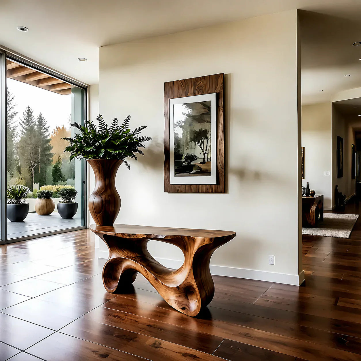 Fluid Twist Walnut Finish Console Table – Modern Sculptural Wood - Rustiracraft