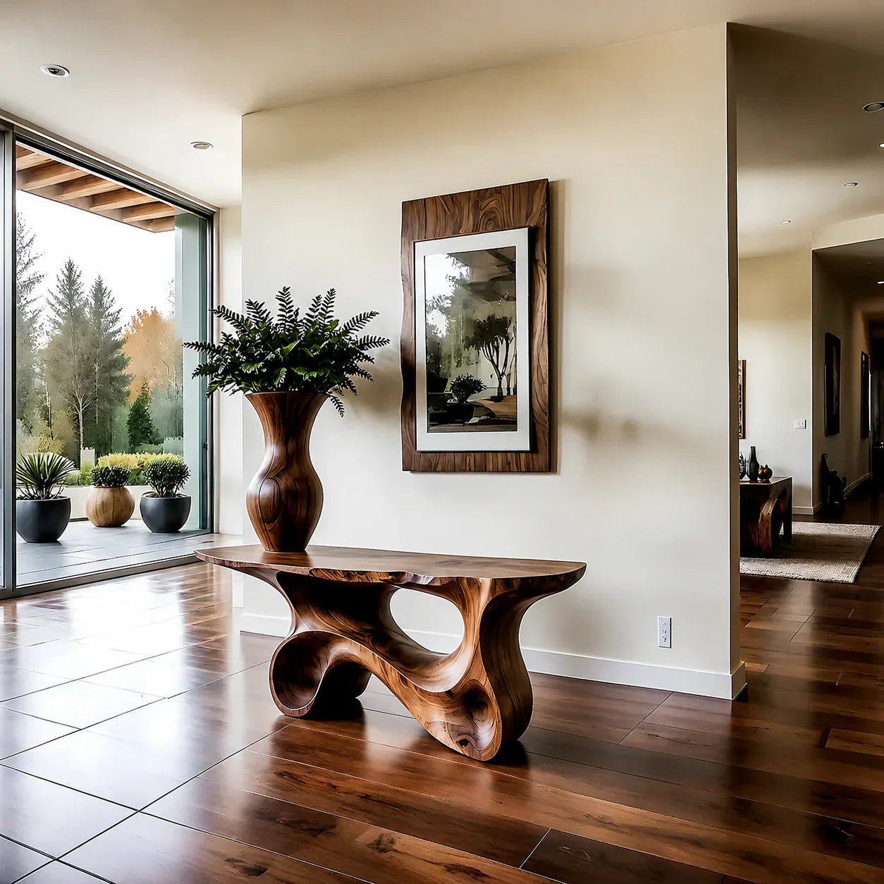 Fluid Twist Walnut Finish Console Table – Modern Sculptural Wood - Rustiracraft