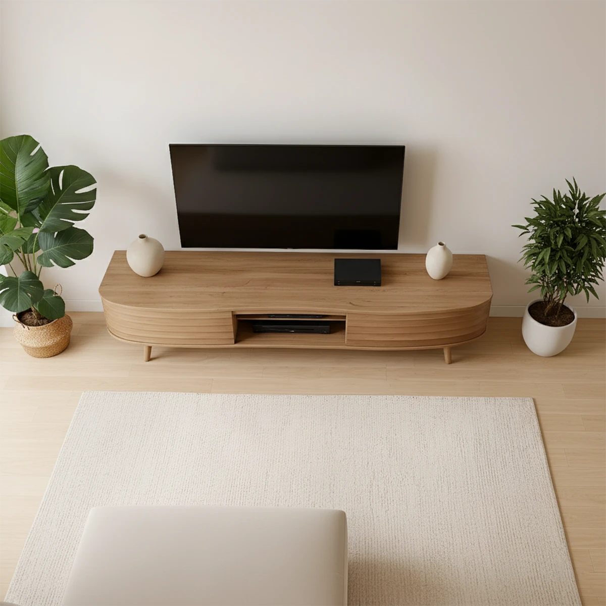 Fluted Solid Wood TV Stand – Scandinavian Japandi Console