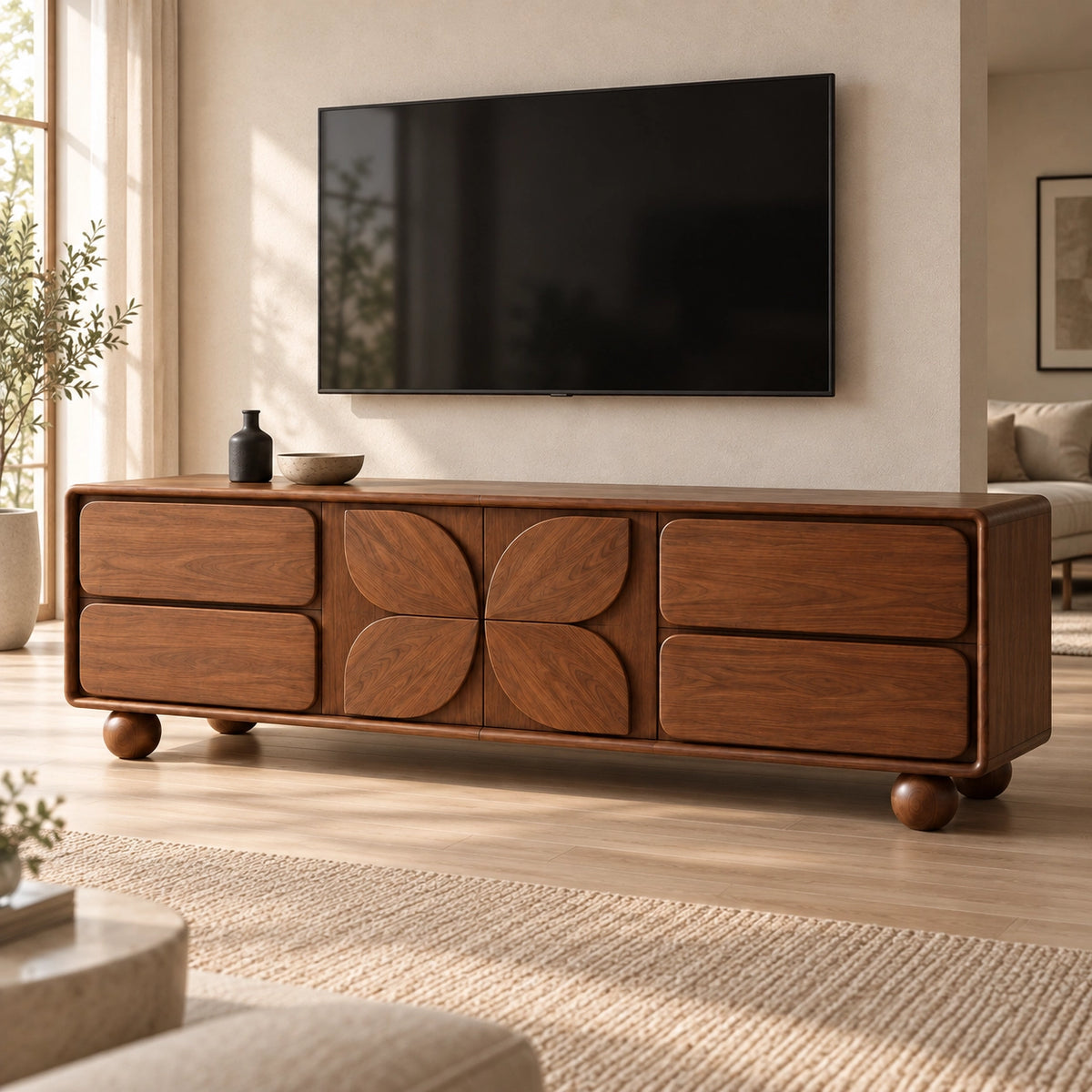 Geometric TV Stand with Leaf-Carved Doors in Natural Solid Wood for Six Sizes - Rustiracraft