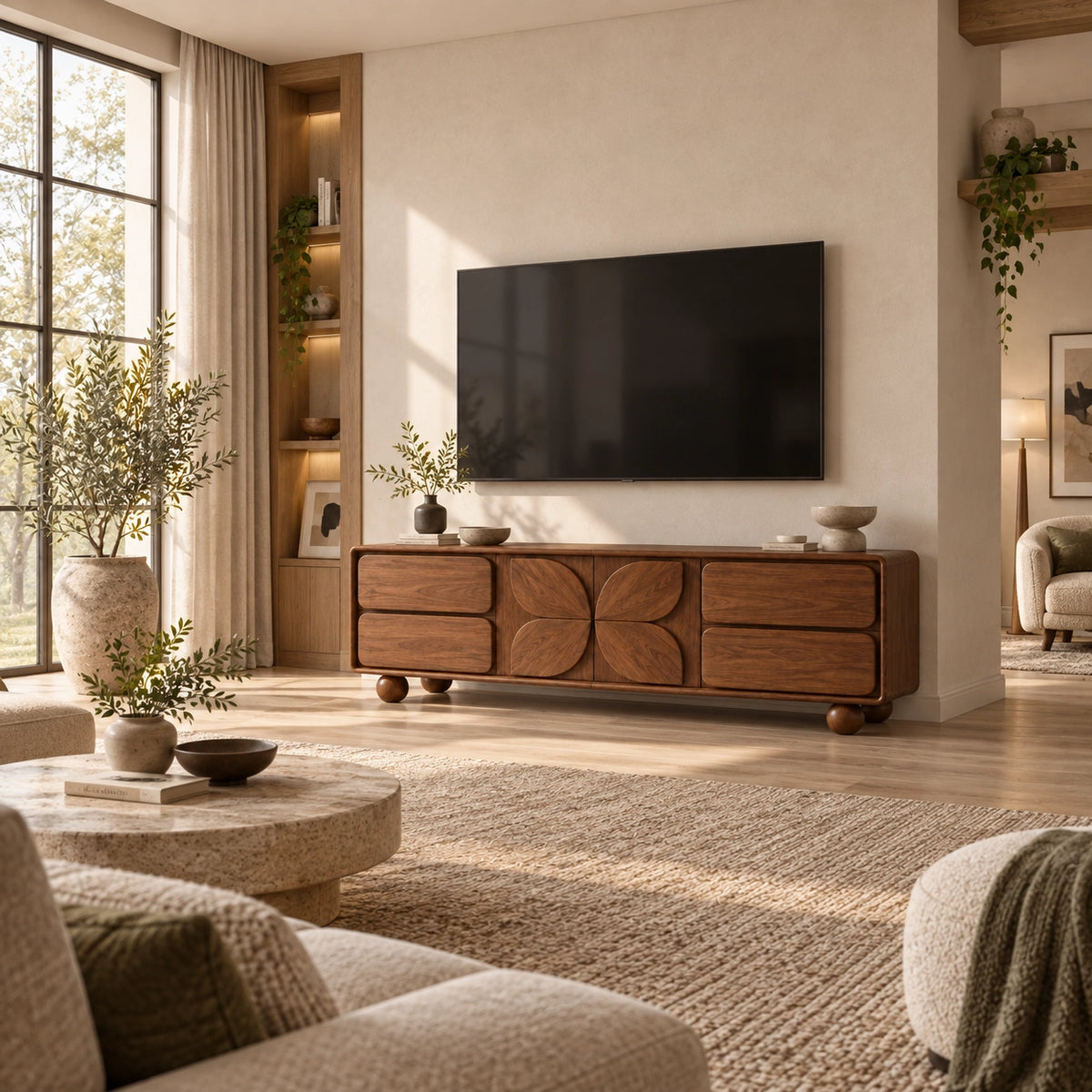Geometric TV Stand with Leaf-Carved Doors in Natural Solid Wood for Six Sizes - Rustiracraft