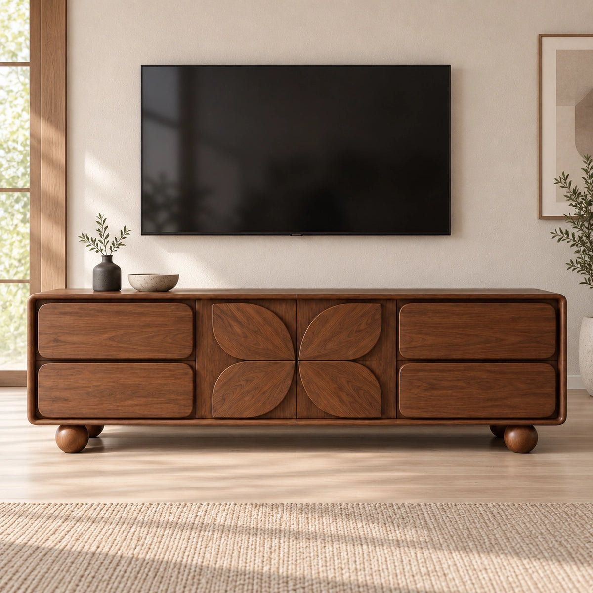 Geometric TV Stand with Leaf-Carved Doors in Natural Solid Wood for Six Sizes - Rustiracraft