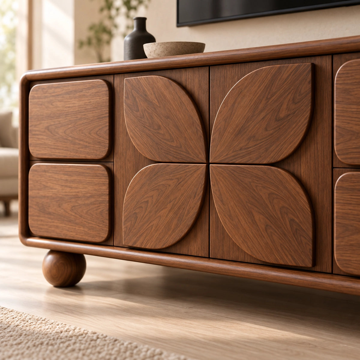 Geometric TV Stand with Leaf-Carved Doors in Natural Solid Wood for Six Sizes - Rustiracraft