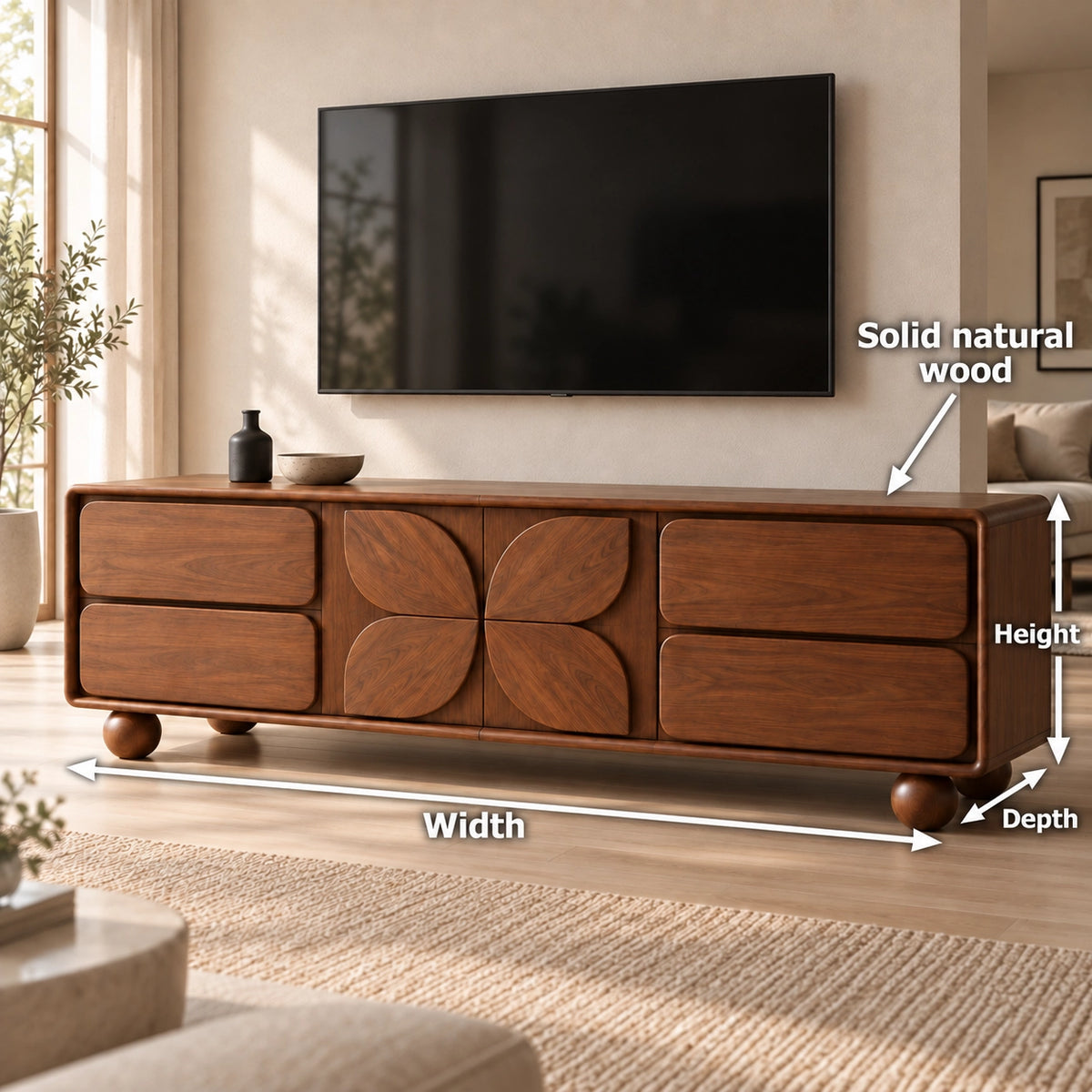 Geometric TV Stand with Leaf-Carved Doors in Natural Solid Wood for Six Sizes - Rustiracraft