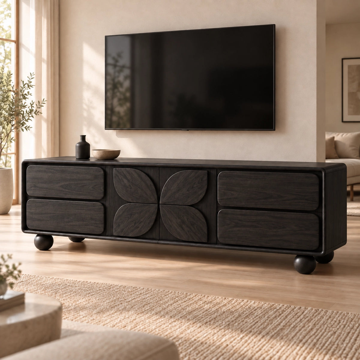Geometric TV Stand with Leaf-Carved Doors in Natural Solid Wood for Six Sizes - Rustiracraft