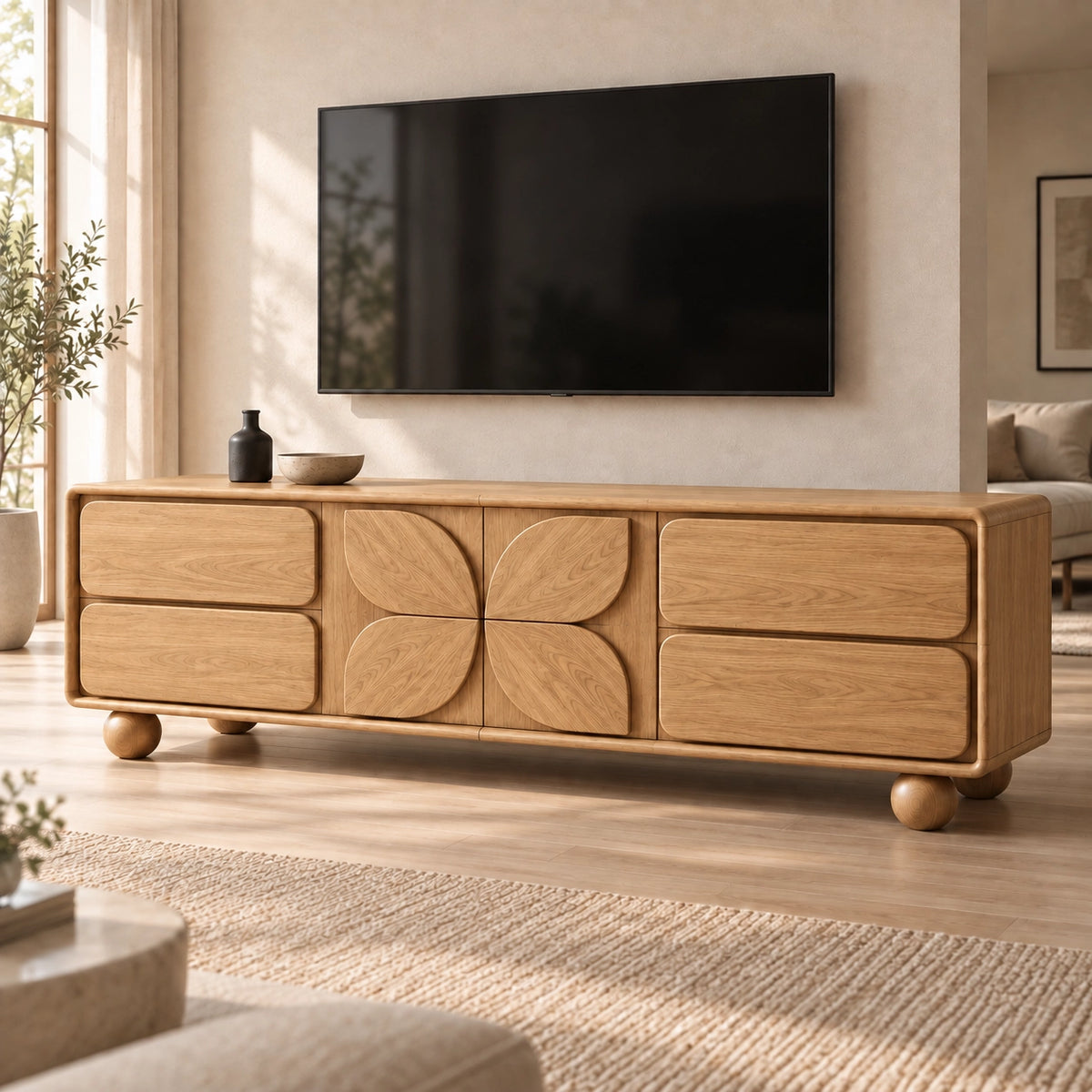 Geometric TV Stand with Leaf-Carved Doors in Natural Solid Wood for Six Sizes - Rustiracraft