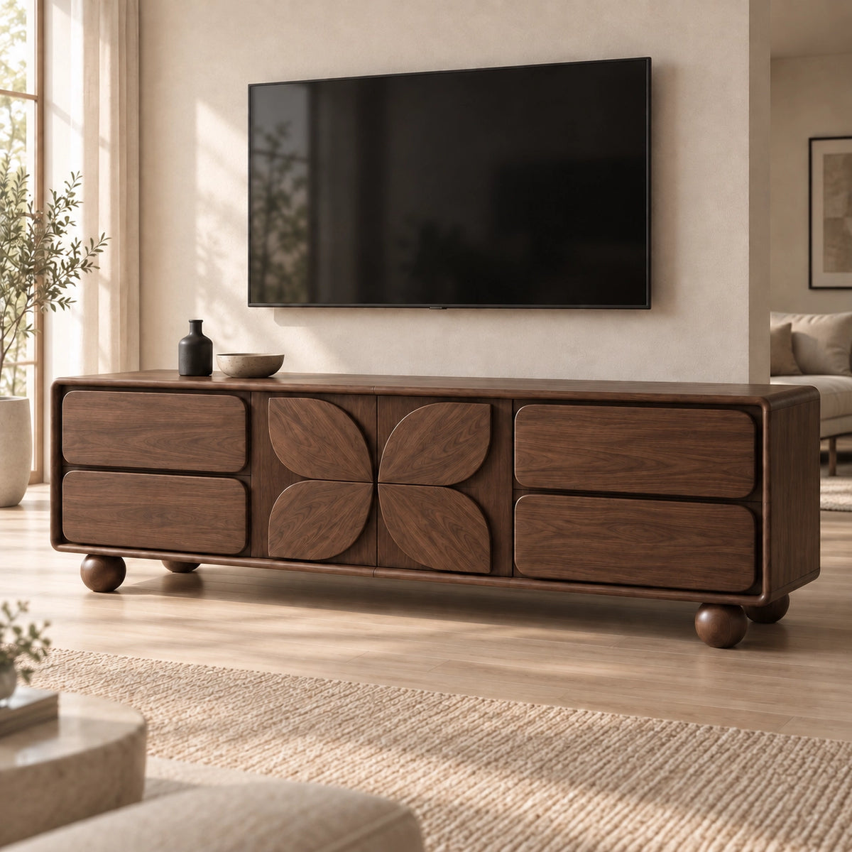 Geometric TV Stand with Leaf-Carved Doors in Natural Solid Wood for Six Sizes - Rustiracraft