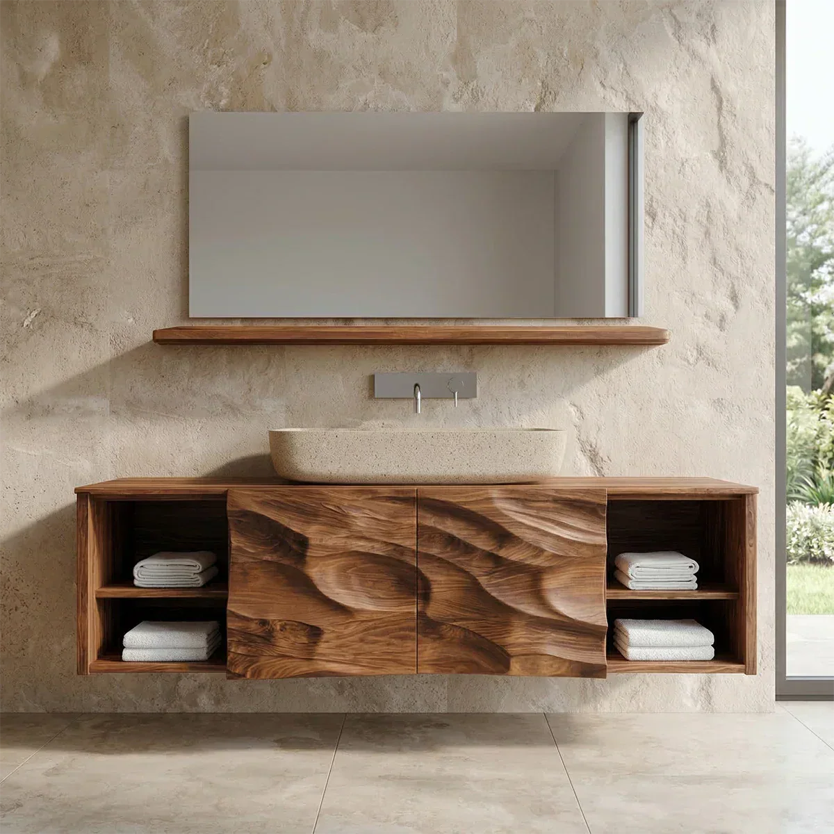 Hand Carved Natural Solid Wood Traditional Bathroom Vanity Cabinet - Rustiracraft