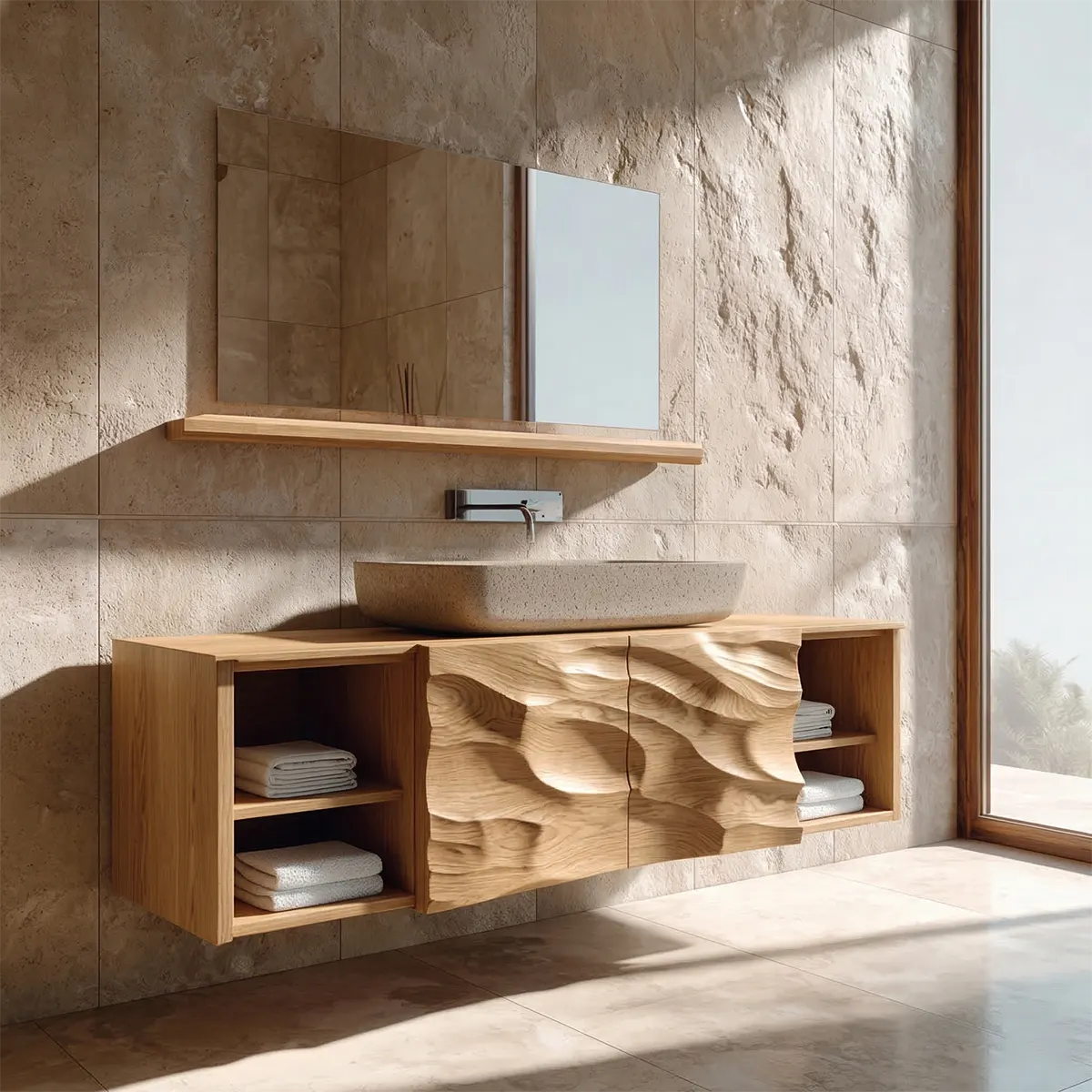 Hand Carved Natural Solid Wood Traditional Bathroom Vanity Cabinet - Rustiracraft