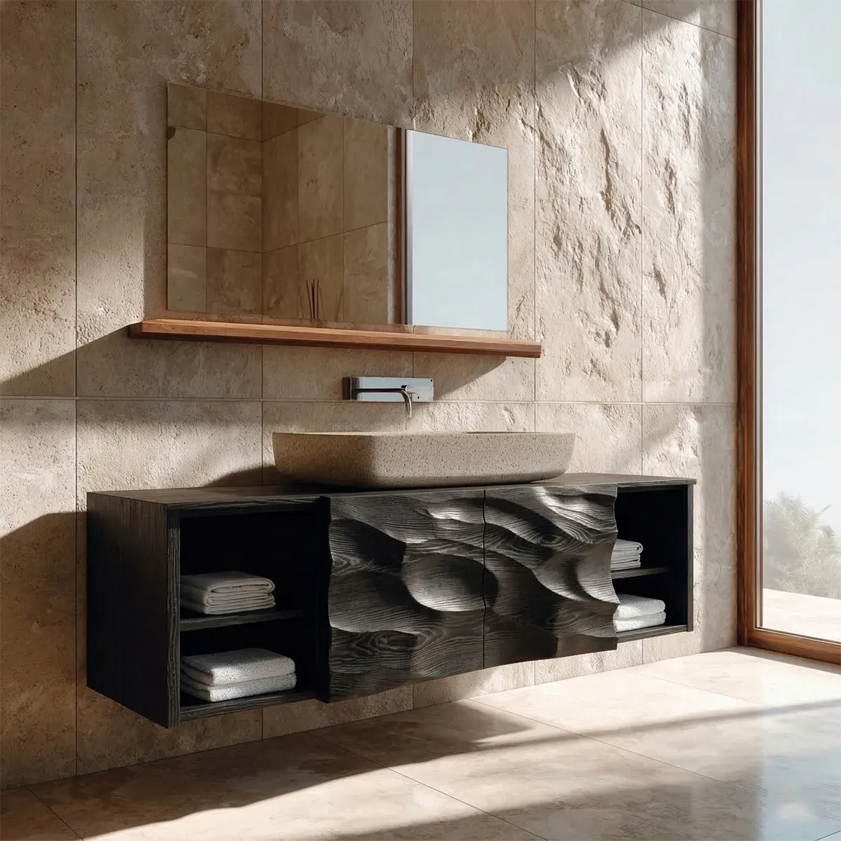 Hand Carved Natural Solid Wood Traditional Bathroom Vanity Cabinet - Rustiracraft