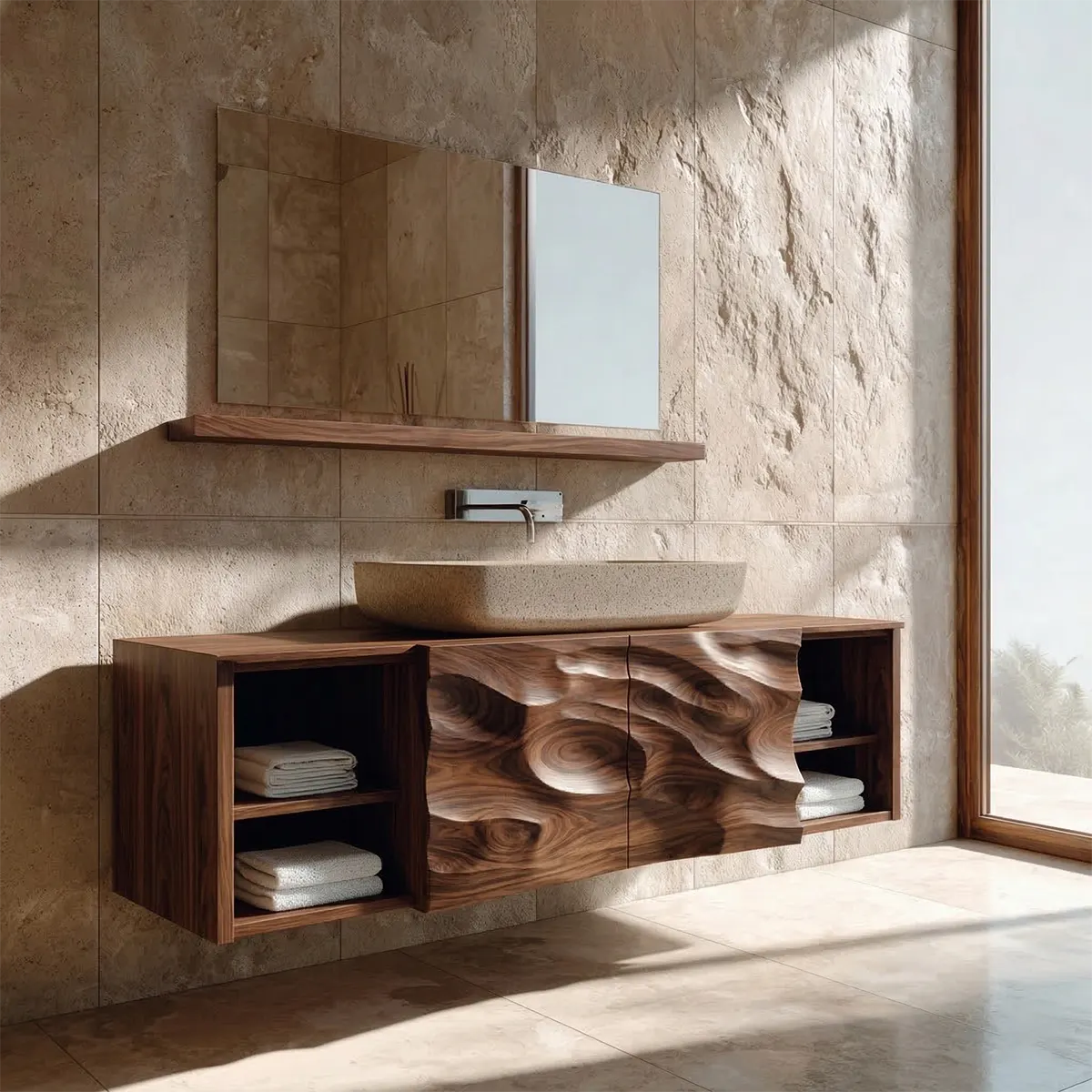 Hand Carved Natural Solid Wood Traditional Bathroom Vanity Cabinet - Rustiracraft
