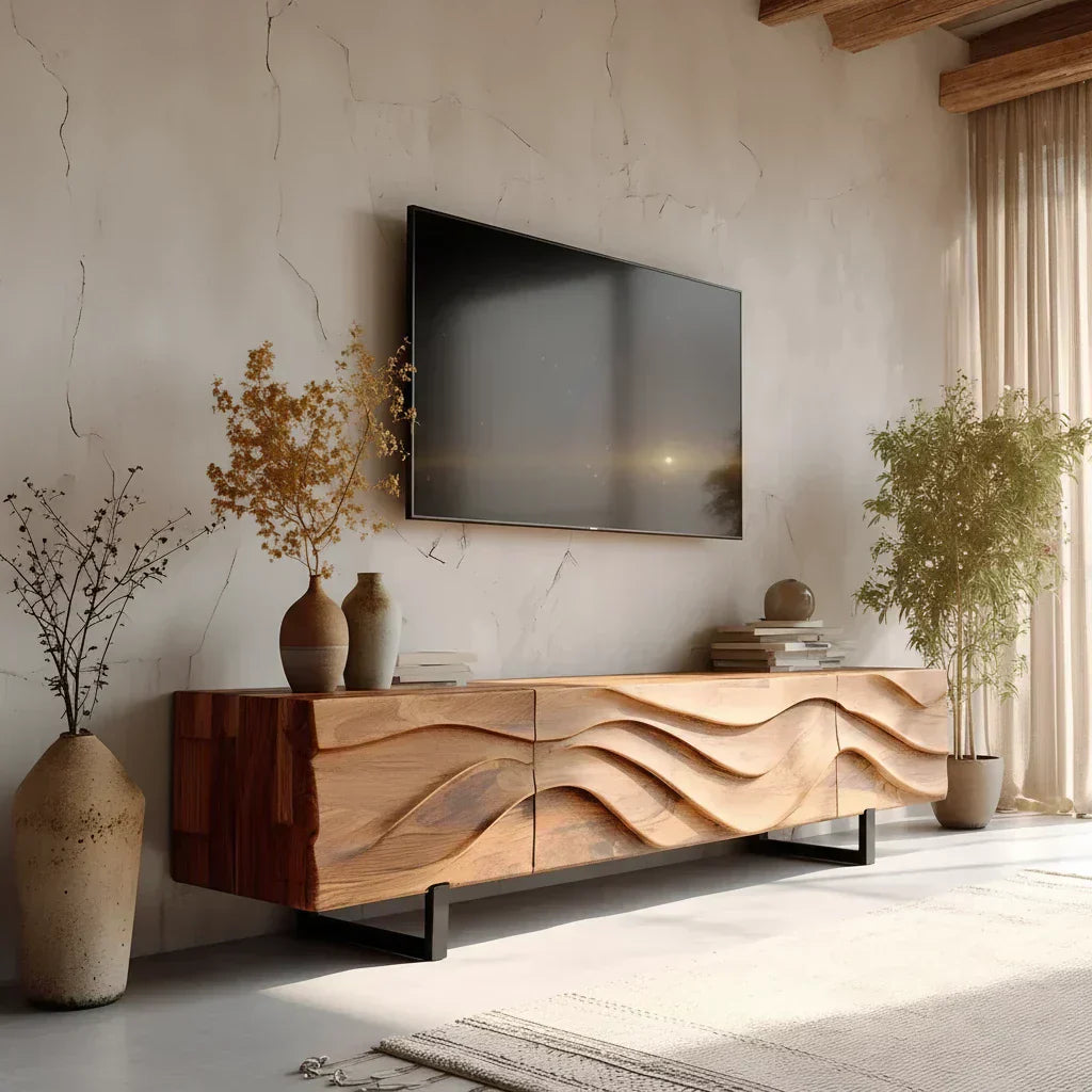 Hand-Carved Wave Wood TV Stand — Golden Drift Edition - Rustiracraft