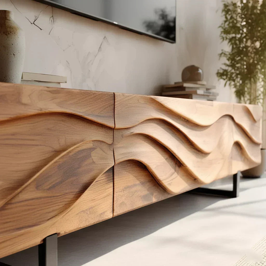 Hand-Carved Wave Wood TV Stand — Golden Drift Edition - Rustiracraft
