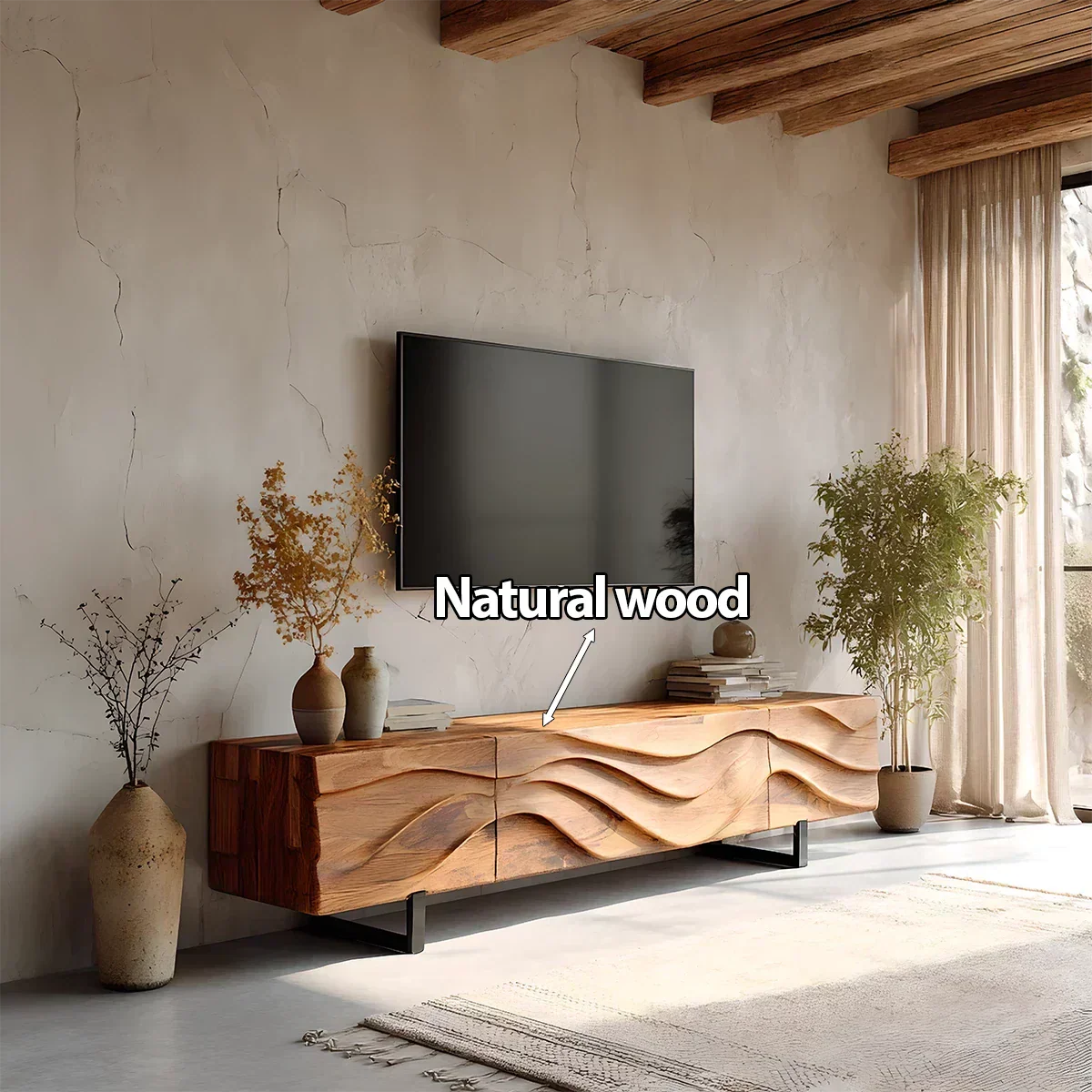 Hand-Carved Wave Wood TV Stand — Golden Drift Edition - Rustiracraft