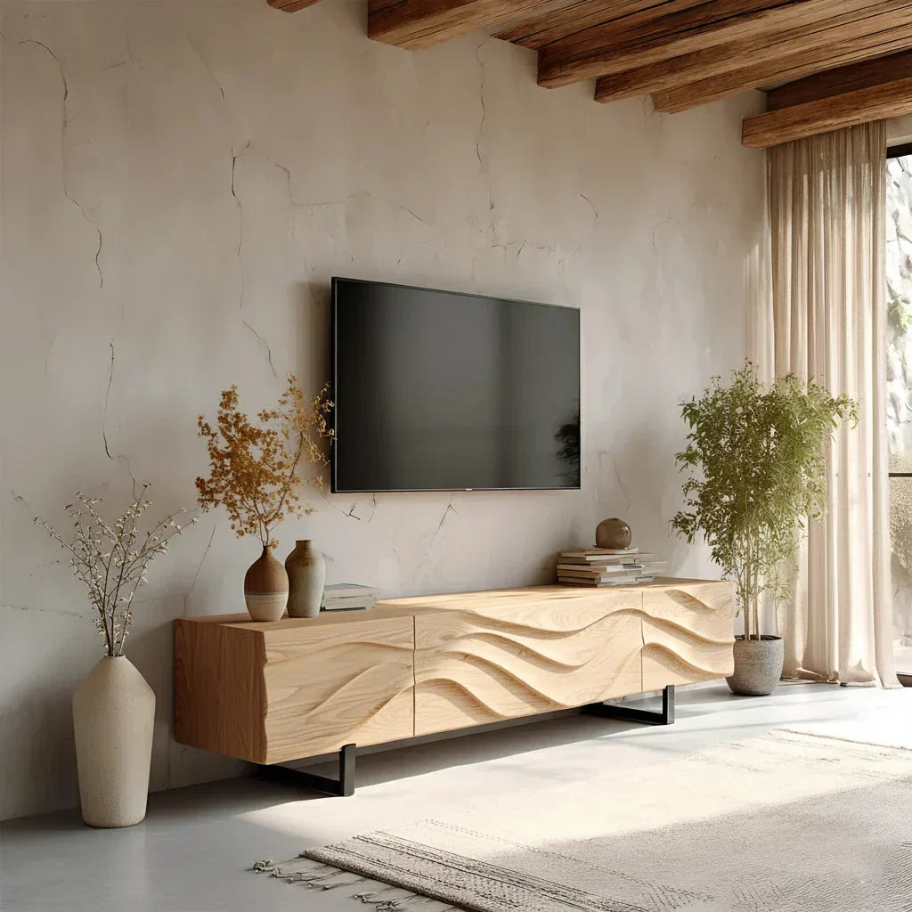 Hand-Carved Wave Wood TV Stand — Golden Drift Edition - Rustiracraft