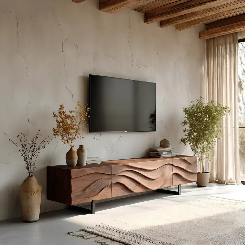 Hand-Carved Wave Wood TV Stand — Golden Drift Edition - Rustiracraft