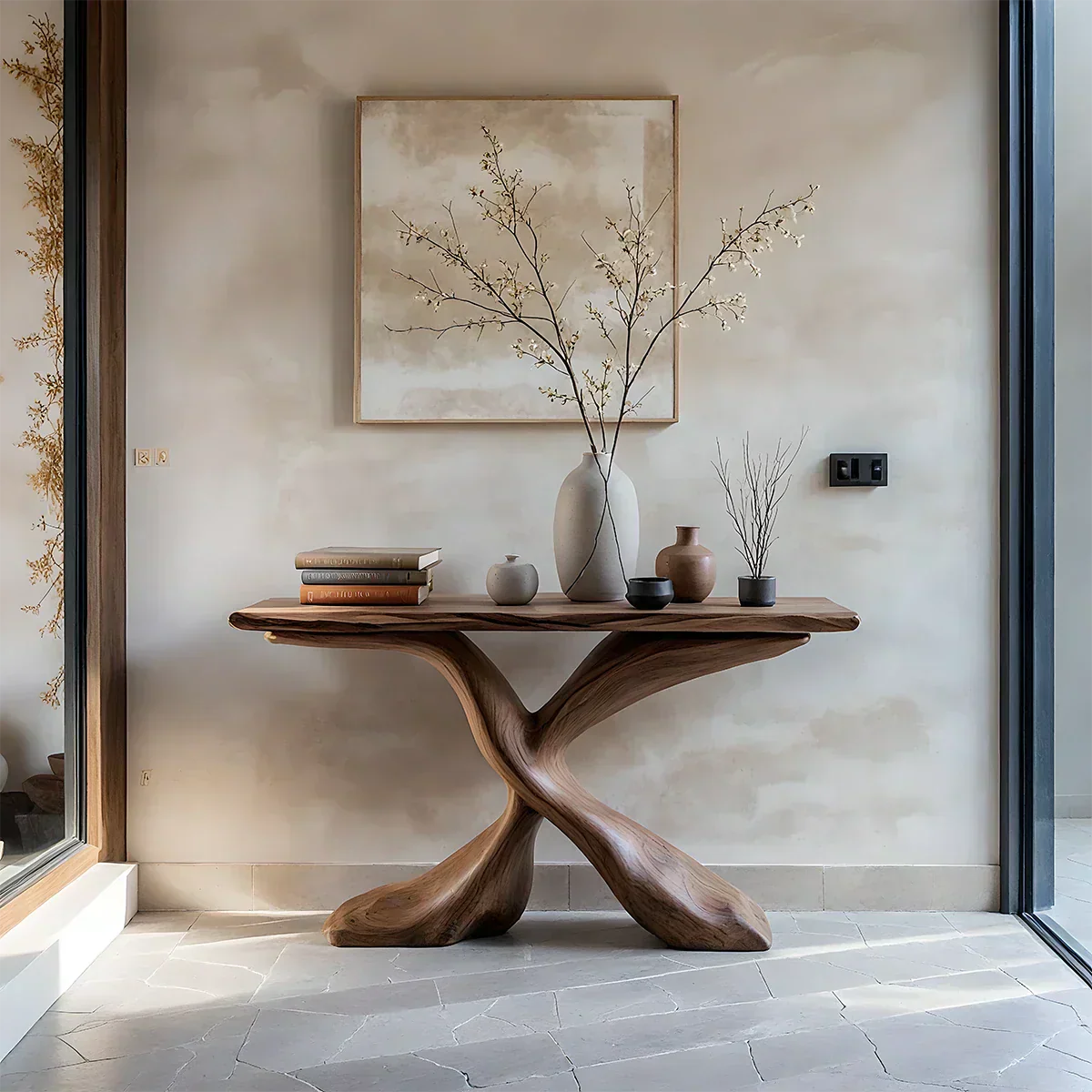Hand-Carved X-Base Solid Wood Console Table — Organic Modern Art Furniture - Rustiracraft