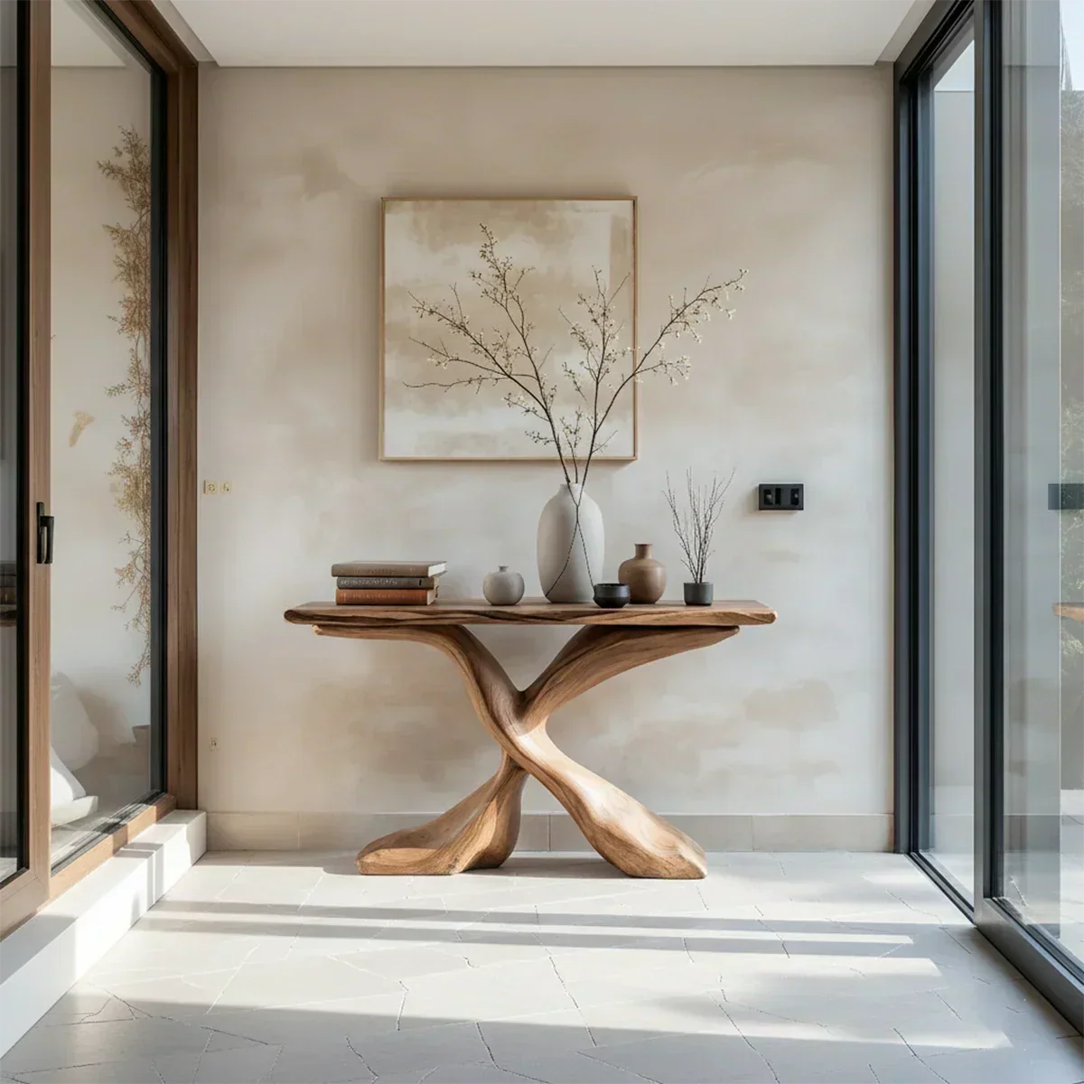 Hand-Carved X-Base Solid Wood Console Table — Organic Modern Art Furniture - Rustiracraft