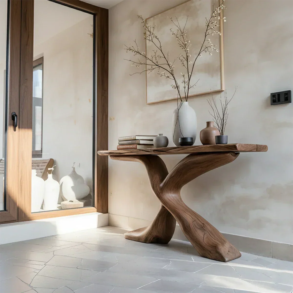 Hand-Carved X-Base Solid Wood Console Table — Organic Modern Art Furniture - Rustiracraft