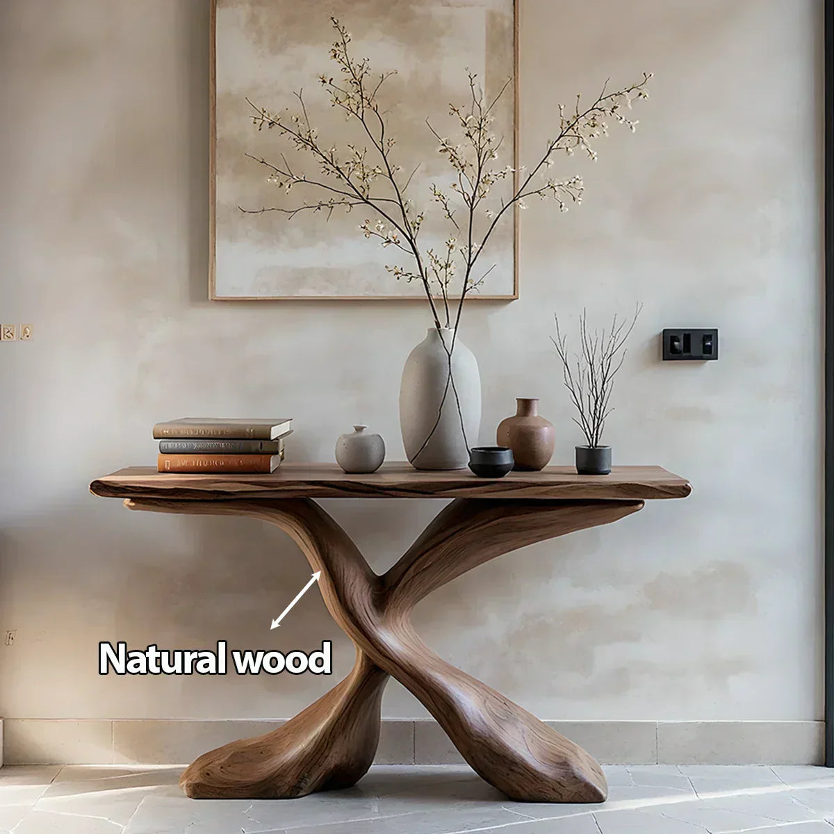 Hand-Carved X-Base Solid Wood Console Table — Organic Modern Art Furniture - Rustiracraft