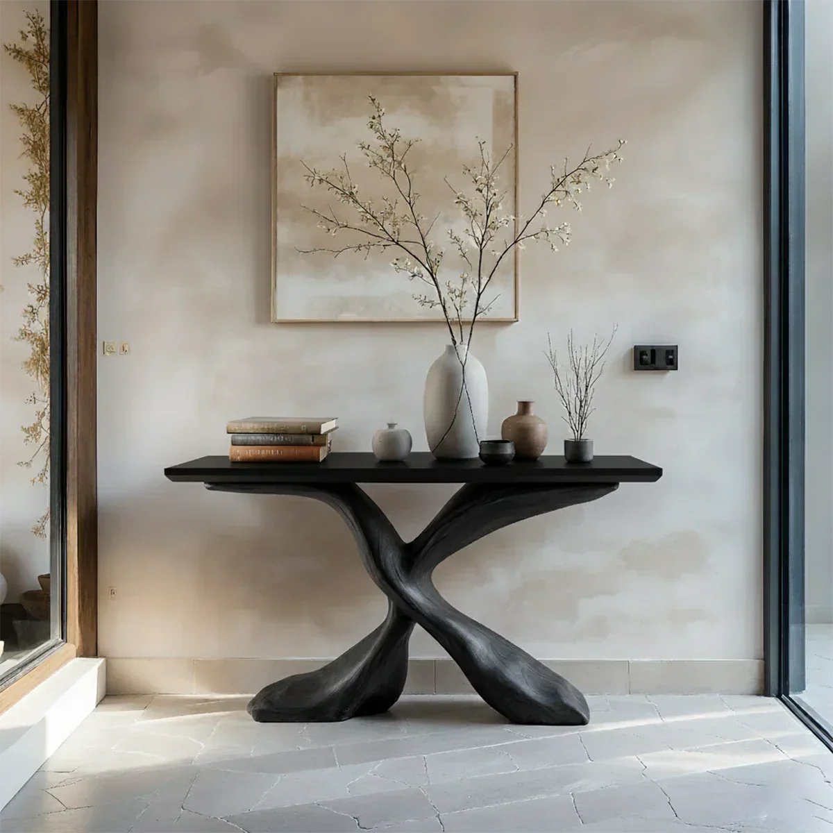 Hand-Carved X-Base Solid Wood Console Table — Organic Modern Art Furniture - Rustiracraft