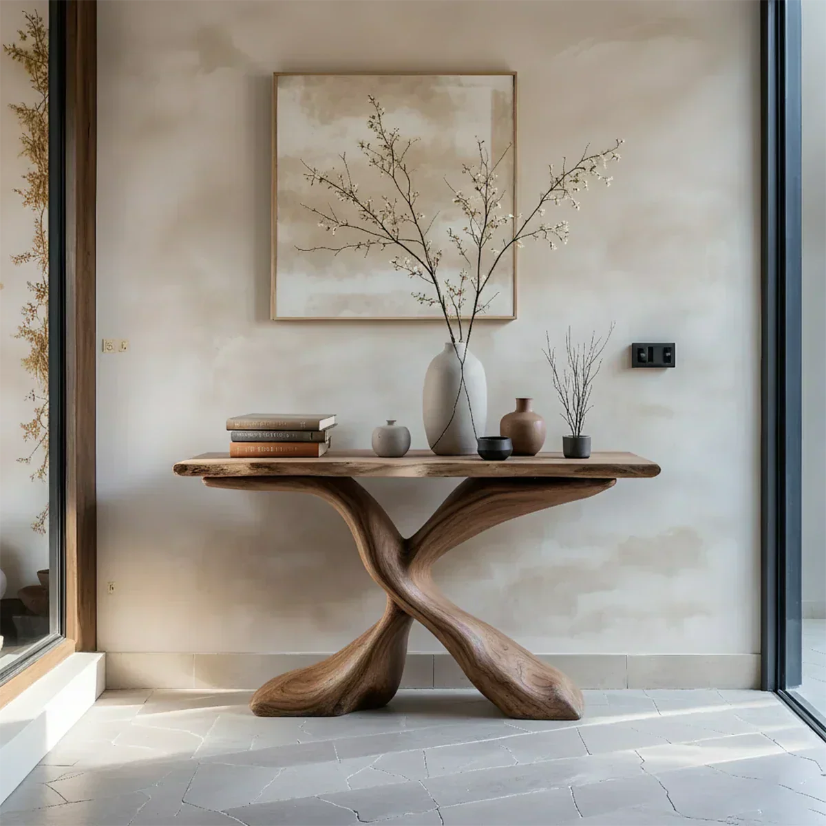 Hand-Carved X-Base Solid Wood Console Table — Organic Modern Art Furniture - Rustiracraft