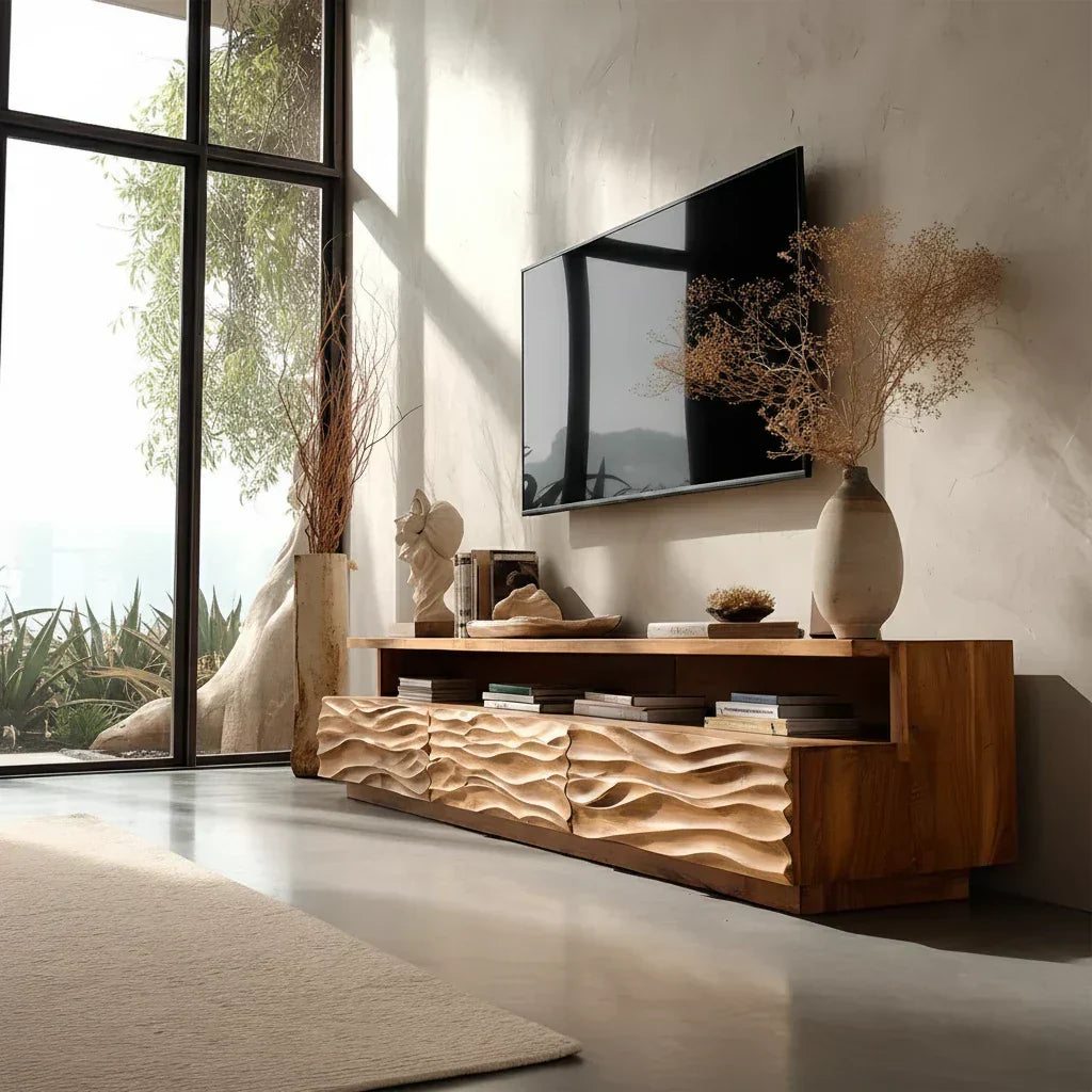 Hand-Sculpted Organic Wave Wood TV Stand — Natural Sunrise Finish - Rustiracraft