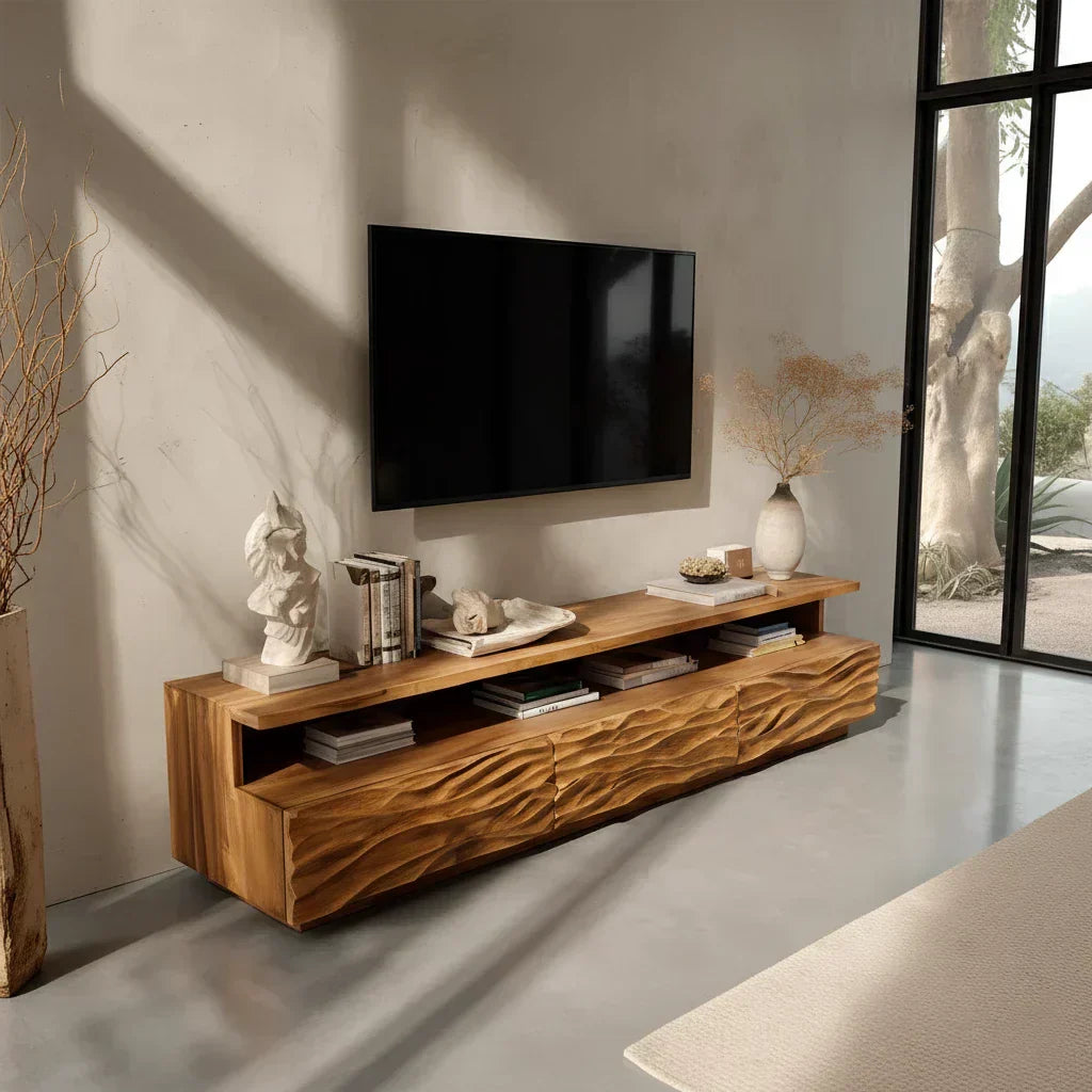 Hand-Sculpted Organic Wave Wood TV Stand — Natural Sunrise Finish - Rustiracraft