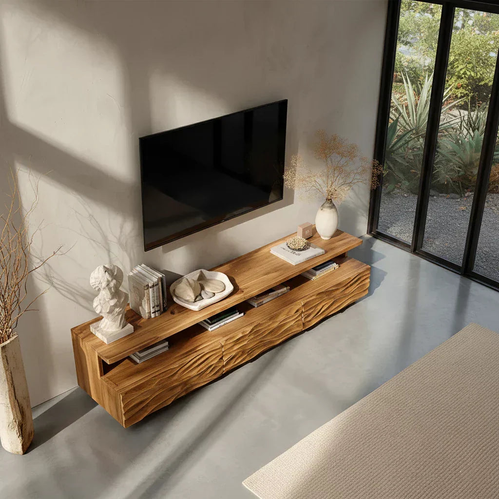 Hand-Sculpted Organic Wave Wood TV Stand — Natural Sunrise Finish - Rustiracraft