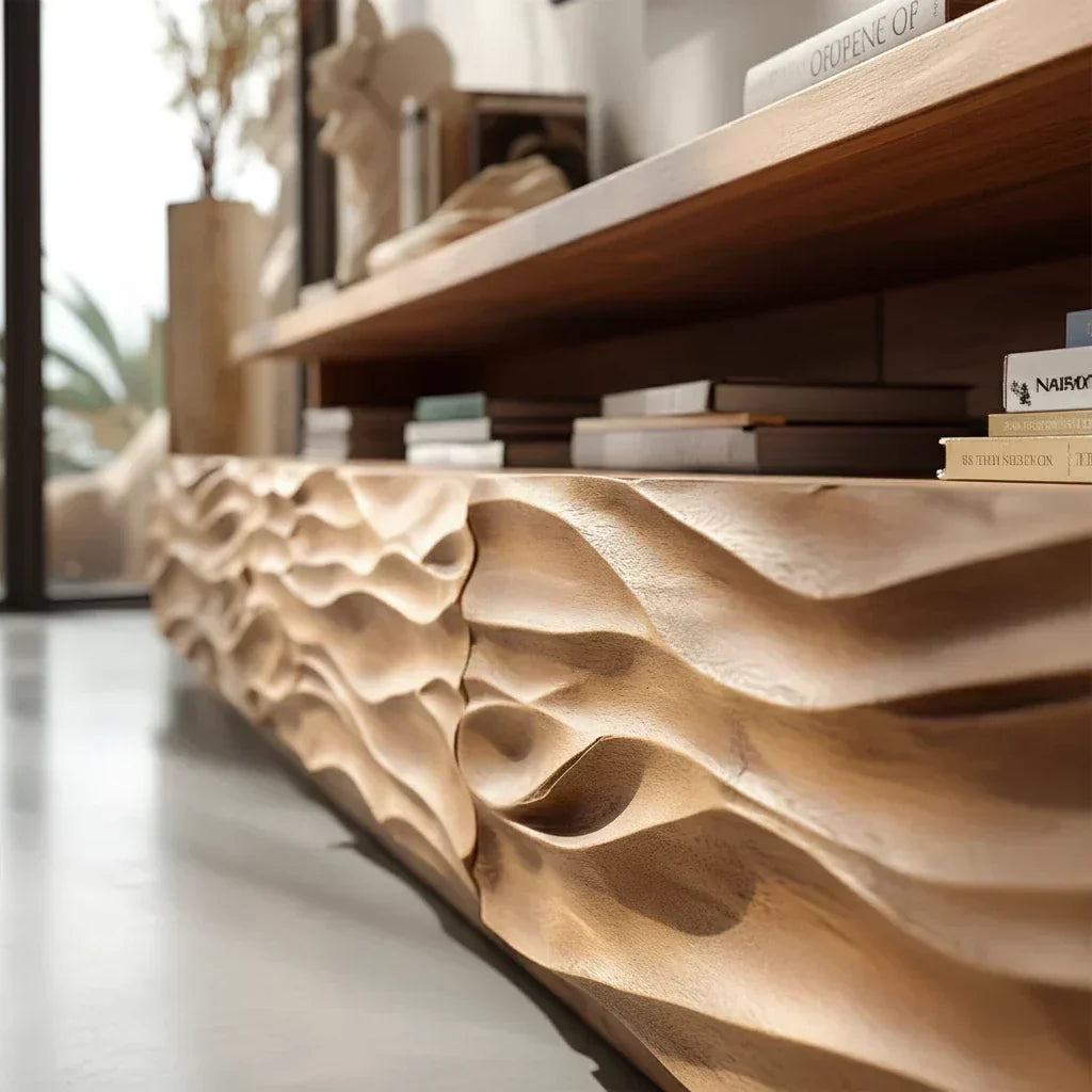 Hand-Sculpted Organic Wave Wood TV Stand — Natural Sunrise Finish - Rustiracraft