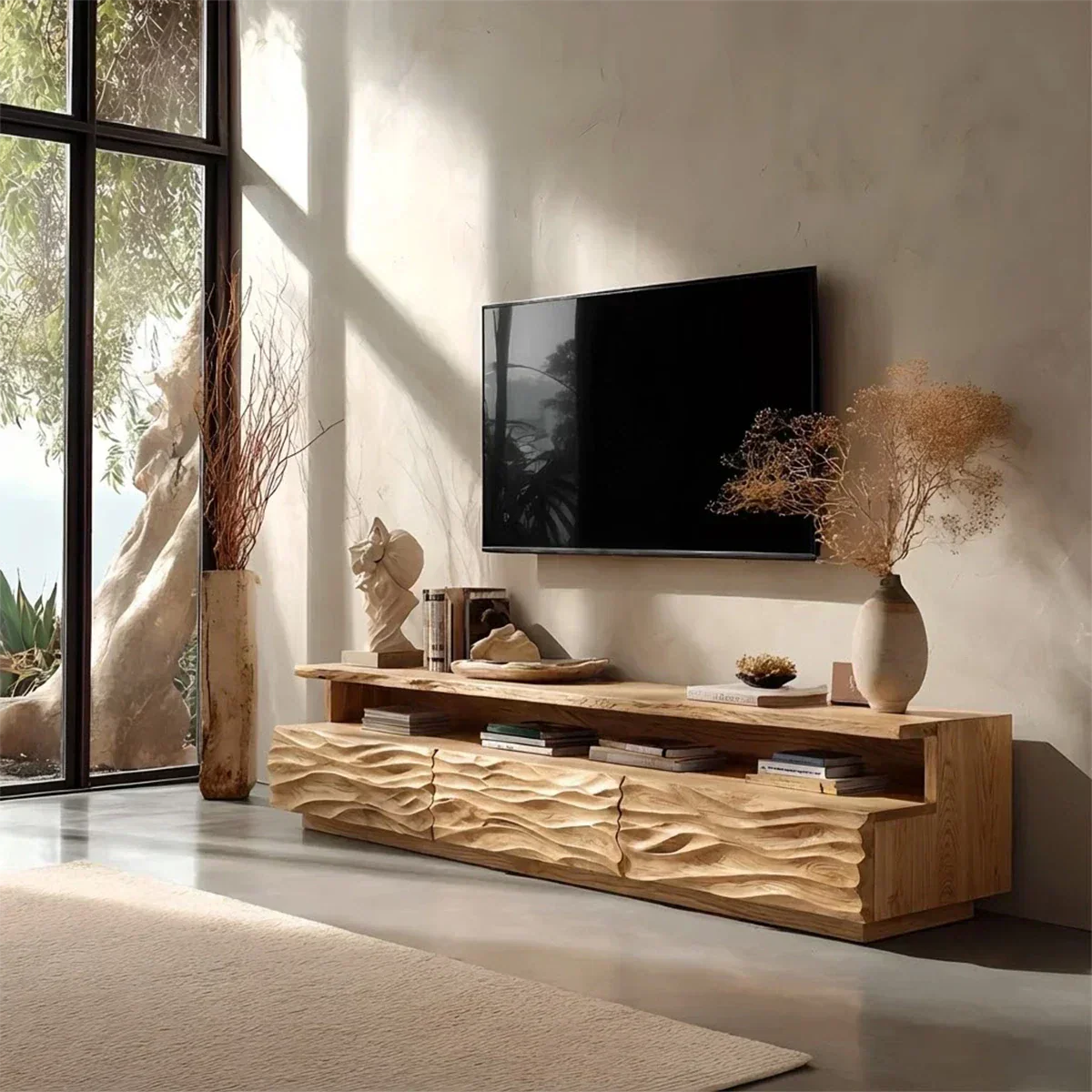 Hand-Sculpted Organic Wave Wood TV Stand — Natural Sunrise Finish - Rustiracraft
