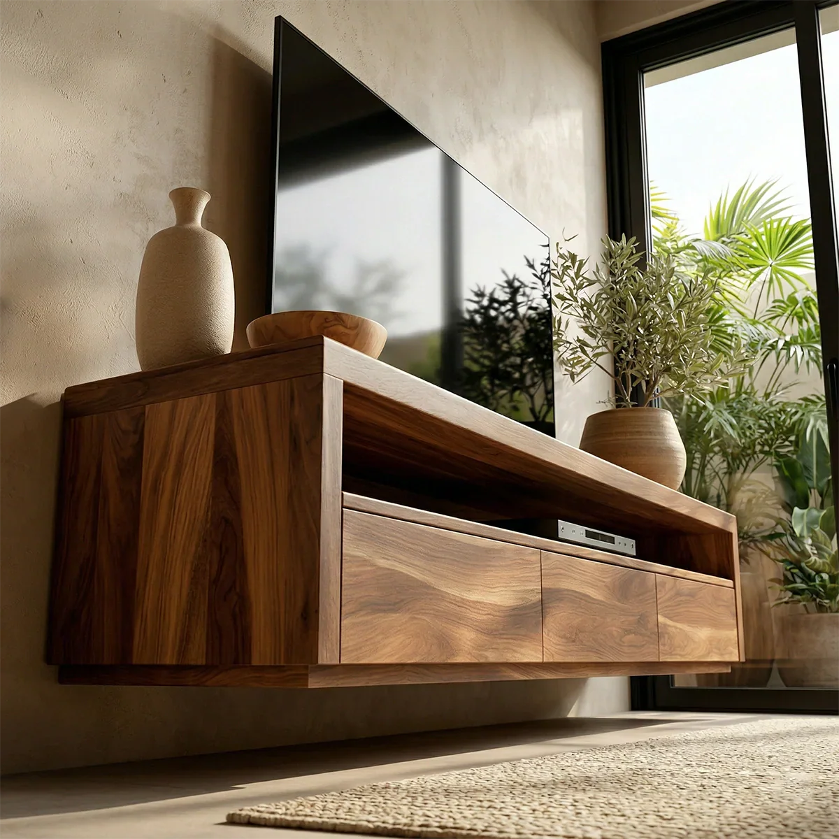 Handcrafted Floating Solid Wood TV Stand with Clean Lines and Hidden Storage Drawers - Rustiracraft