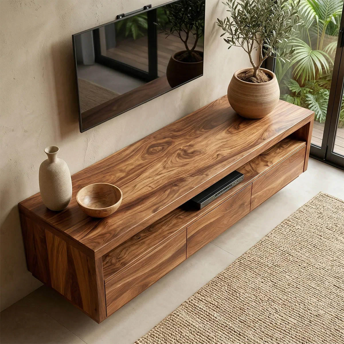 Handcrafted Floating Solid Wood TV Stand with Clean Lines and Hidden Storage Drawers - Rustiracraft