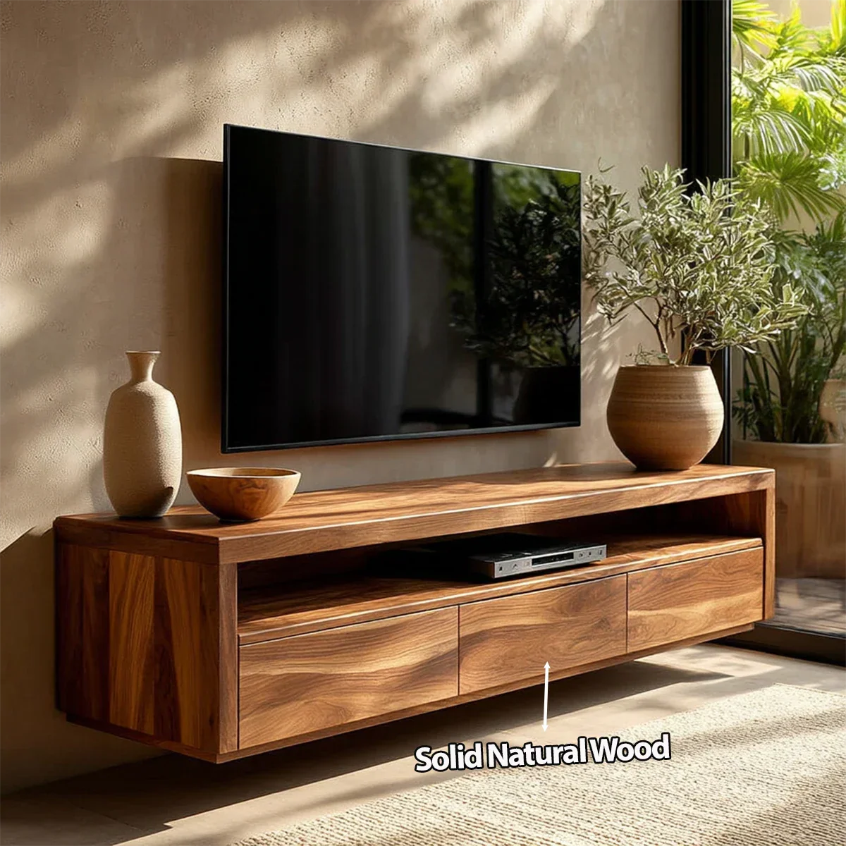Handcrafted Floating Solid Wood TV Stand with Clean Lines and Hidden Storage Drawers - Rustiracraft