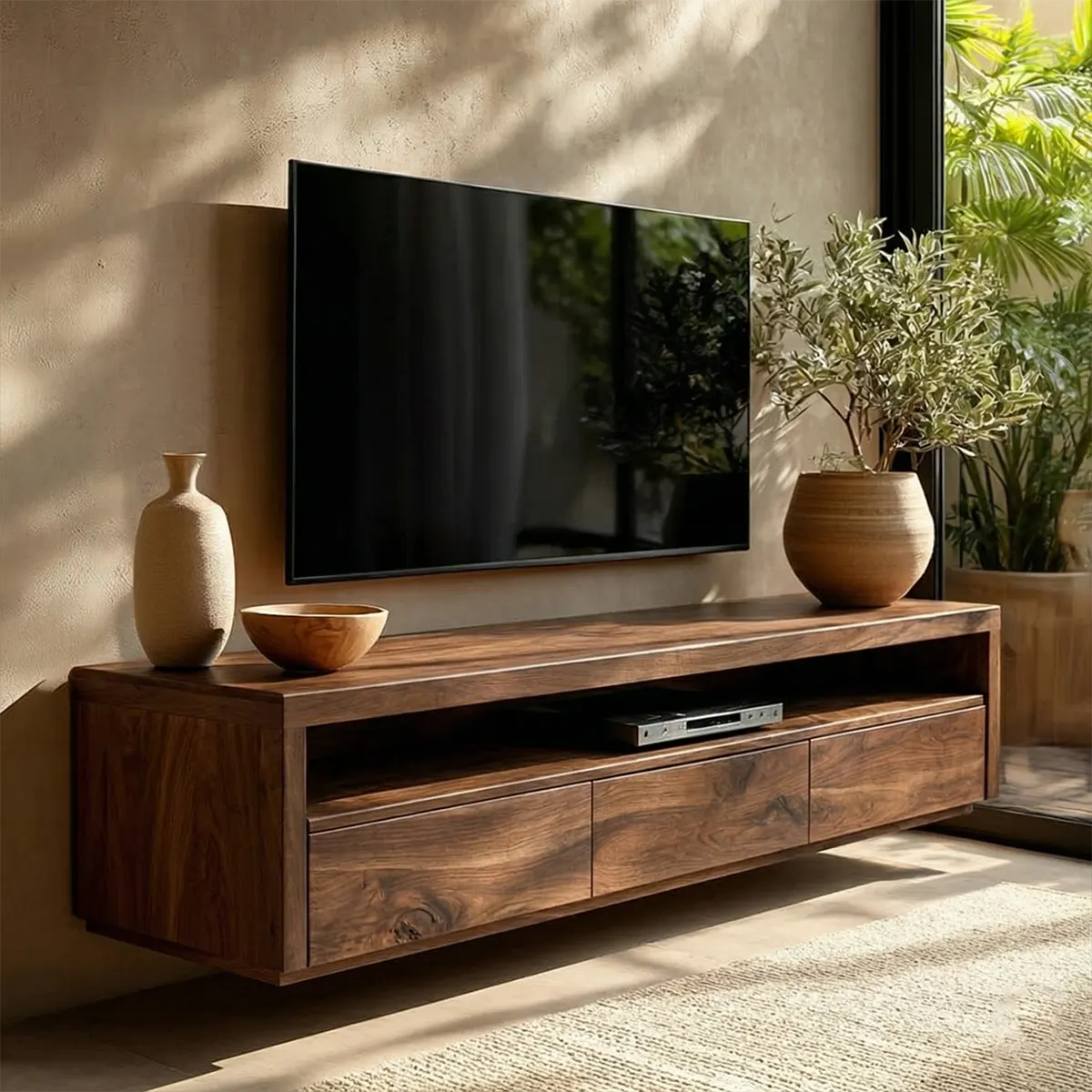 Handcrafted Floating Solid Wood TV Stand with Clean Lines and Hidden Storage Drawers - Rustiracraft